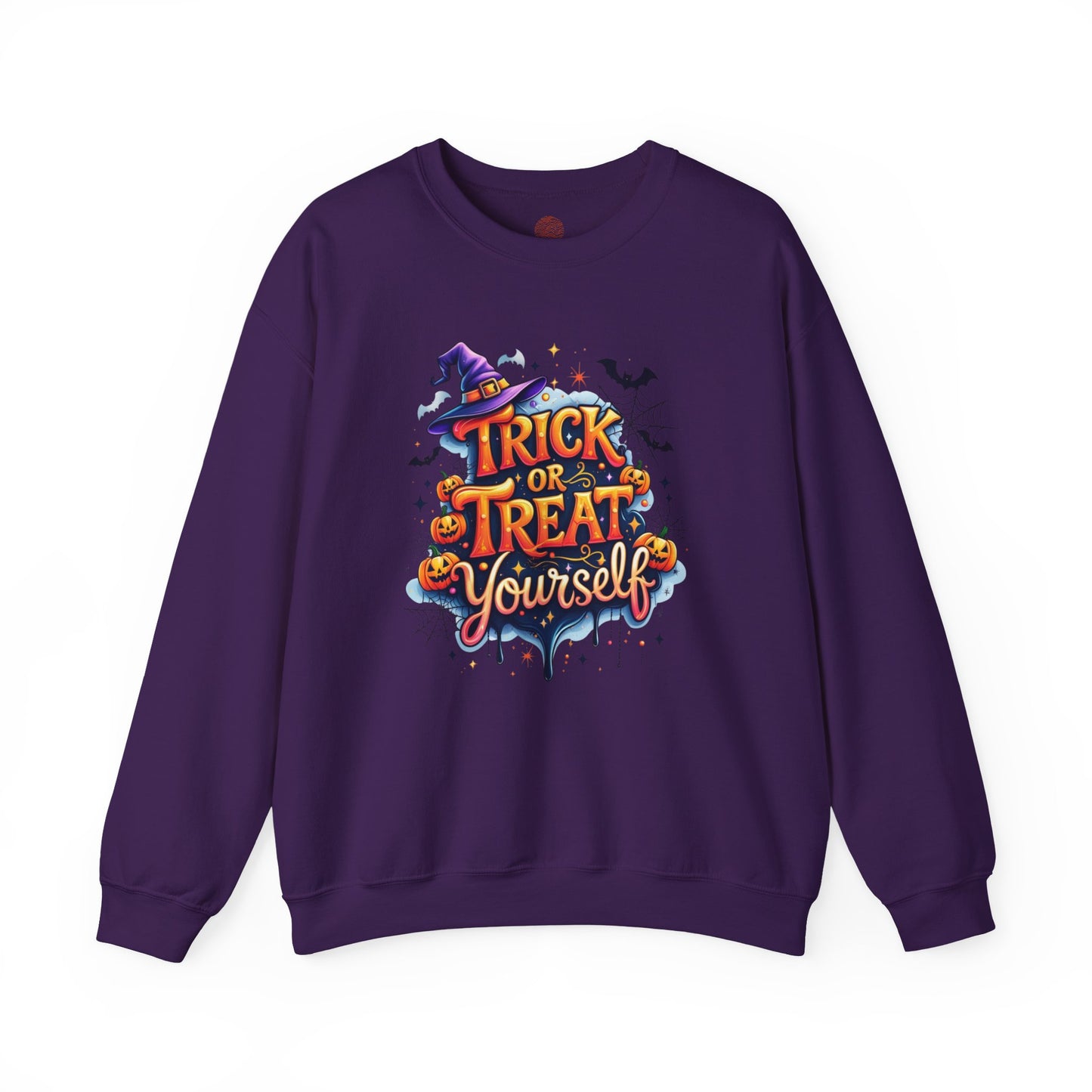 ''Trick or Treat Yourself'' Halloween Sweatshirt – Unisex Cozy Crewneck, Spooky Pumpkin & Witch Hat Graphic, Fall Aesthetic Pullover