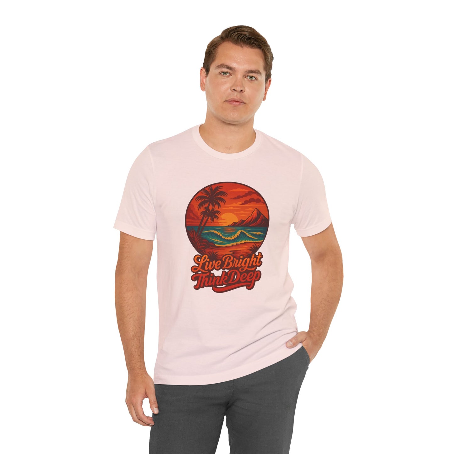 Retro Sunset Ocean Wave Graphic Tee - Live Bright Think Deep T-Shirt, Palm Tree Beach Shirt, Inspirational Typography, Unisex Bella Canvas