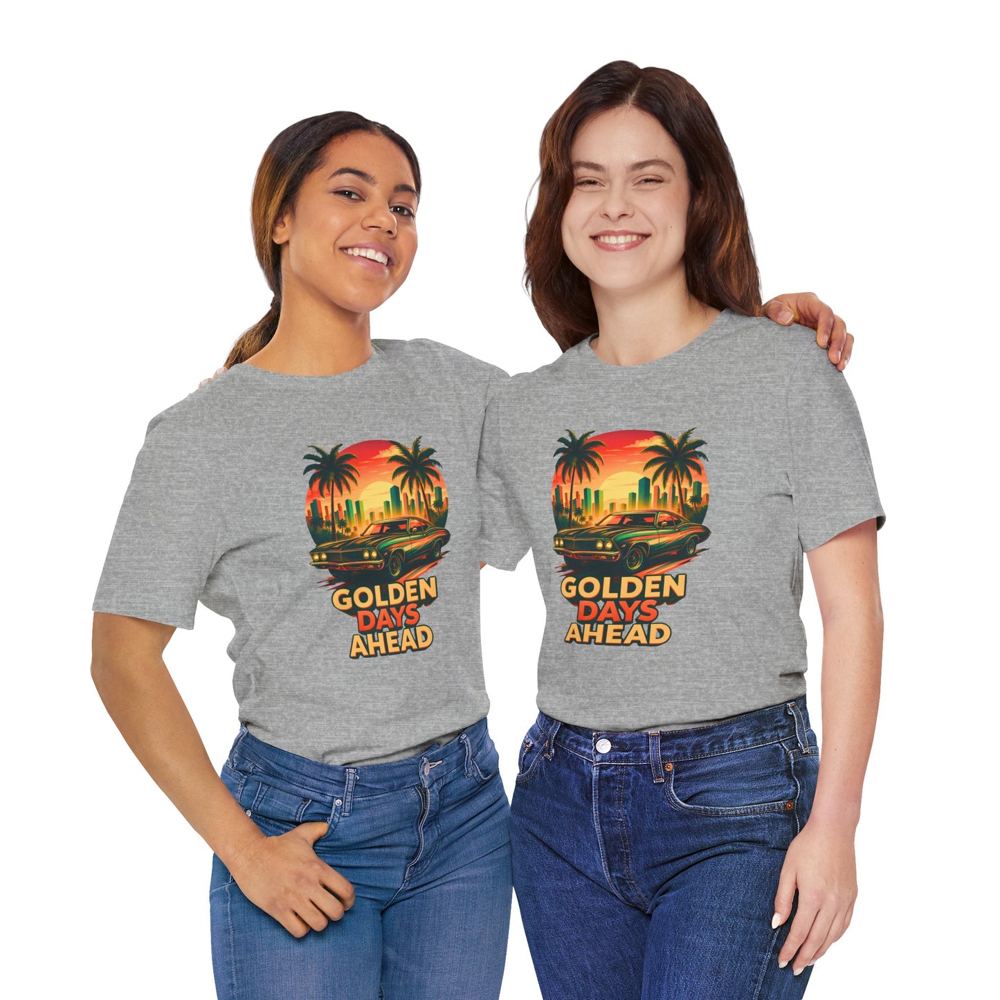 Retro Sunset Muscle Car T-Shirt, Vintage Skyline Graphic Tee, Unisex Jersey Tee, Golden Days Ahead Shirt, Bella Canvas 3001
