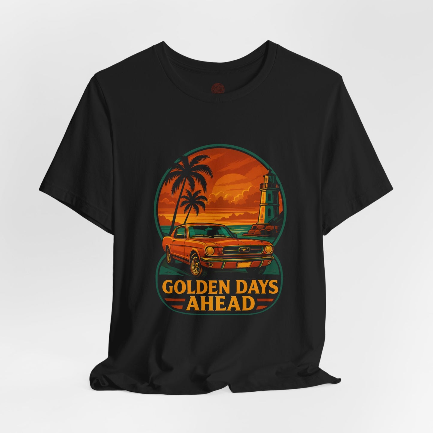 Vintage Classic Car Graphic Tee, Retro Mustang T-Shirt, Golden Days Ahead, Sunset Lighthouse Palm Trees, Unisex Jersey Short Sleeve Tee,