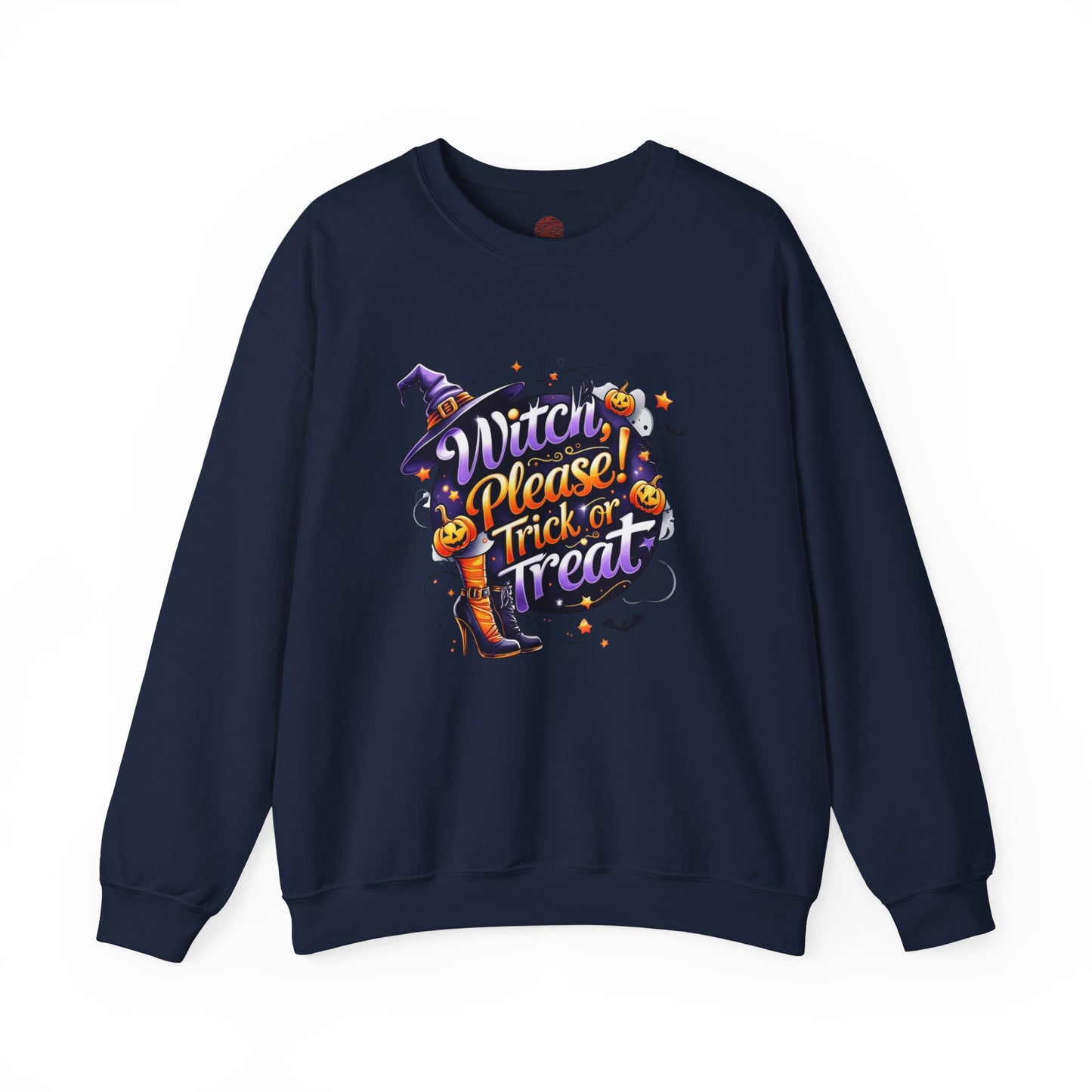 Halloween Sweatshirt – "Witch Please, Trick or Treat" – Funny Witch Hat & Pumpkins Graphic – Cozy Unisex Crewneck Pullover