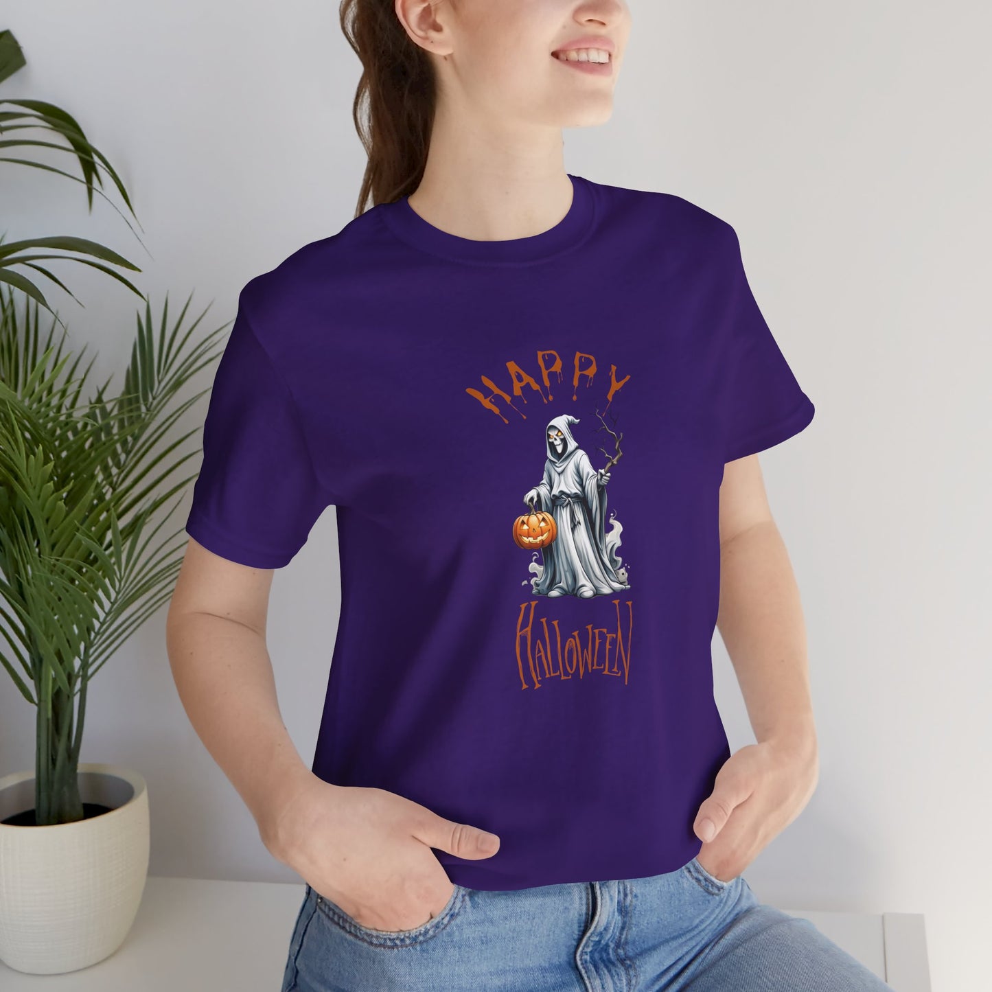 Happy Halloween Ghost Shirt – Spooky Pumpkin Graphic Tee – Bella Canvas 3001 – Unisex Cute Halloween T-Shirt for Women Men