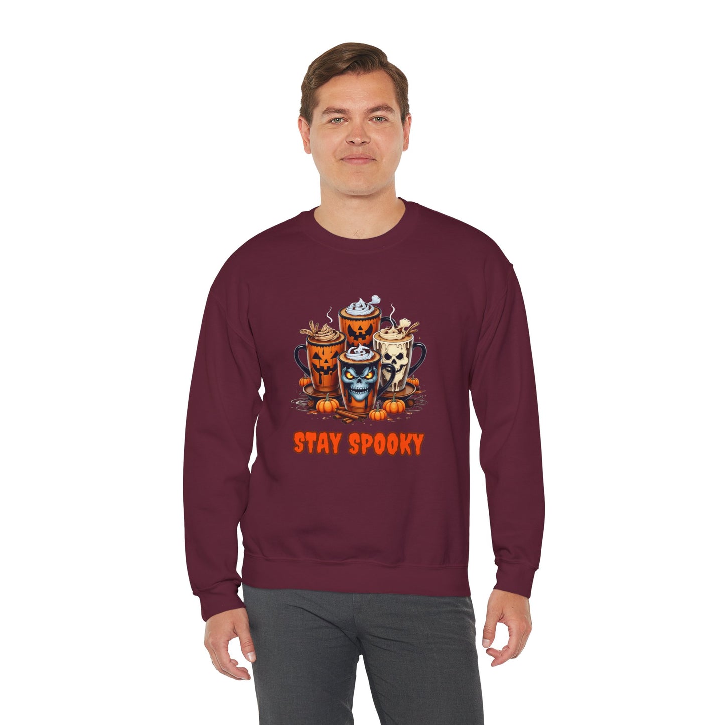 "Stay Spooky Halloween Coffee Cup Sweatshirt – Cozy Gildan Crewneck for Fall & Pumpkin Lovers"