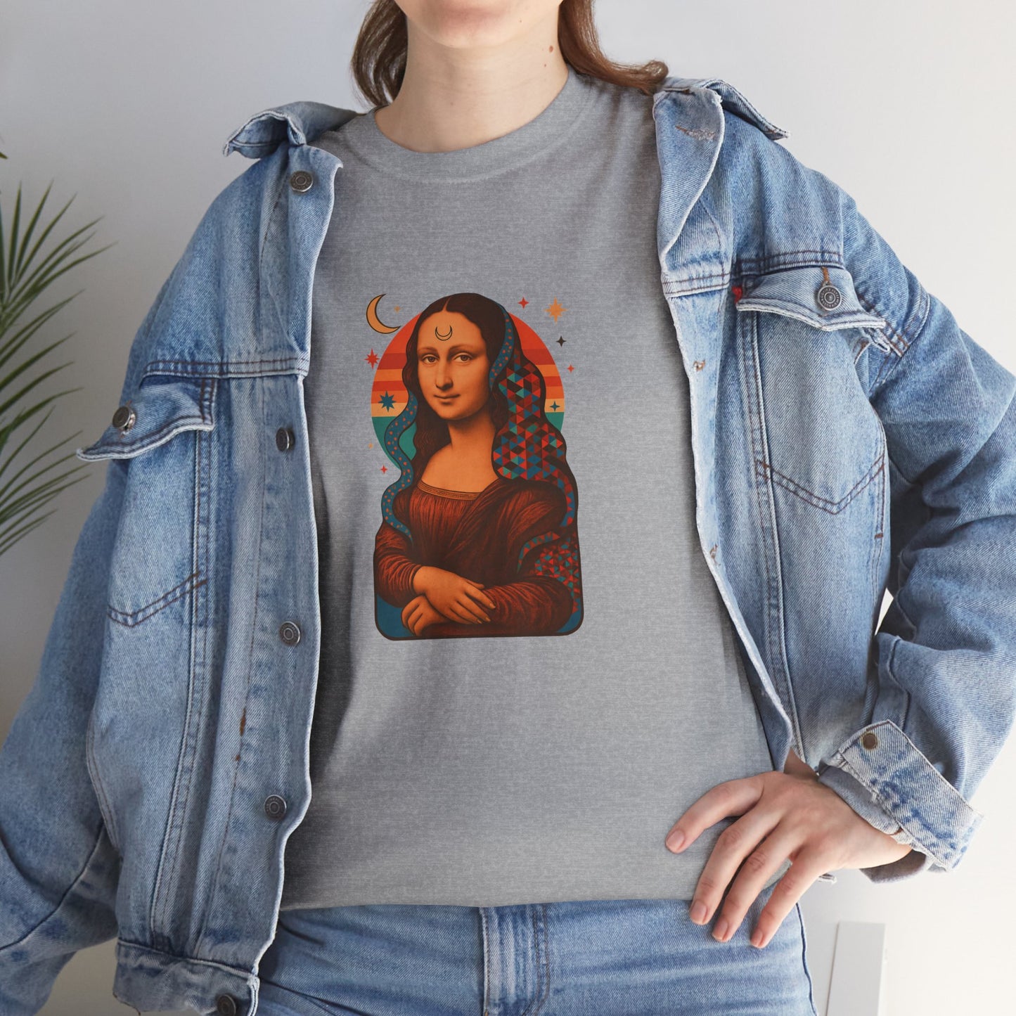 Psychedelic Mona Lisa Gildan 5000 Shirt - Trippy Retro Art Graphic Tee, Colorful Geometric Celestial Design, Vintage Aesthetic T-Shirt
