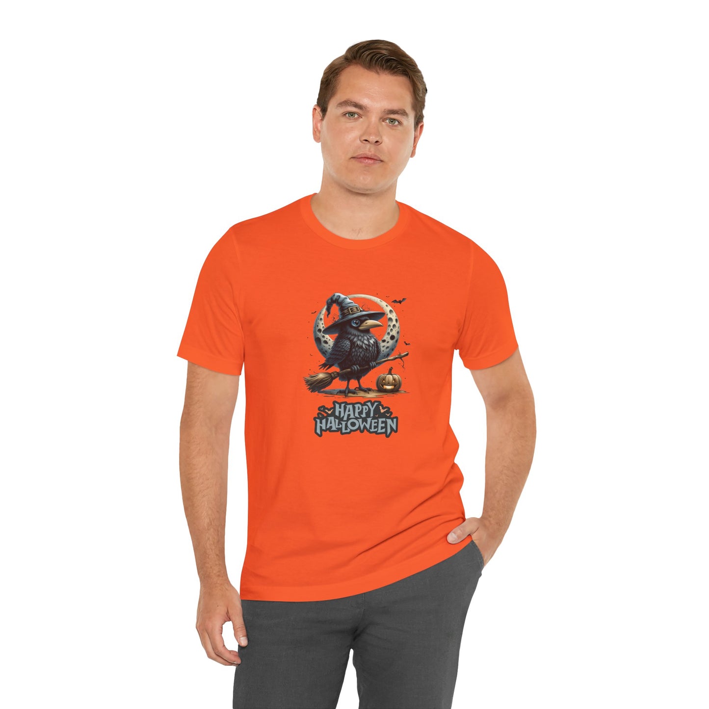 Happy Halloween Crow Shirt – Spooky Raven Witch Graphic Tee – Bella Canvas 3001 – Unisex Halloween T-Shirt for Women Men