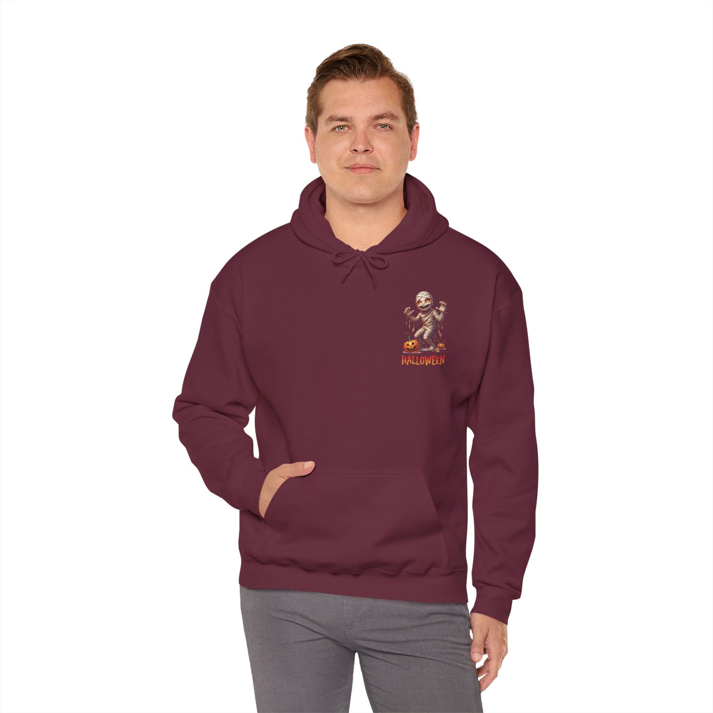 Halloween Mummy Hoodie – Spooky Pumpkin Graphic Sweatshirt – Gildan 18500 Unisex Halloween Hoodie for Fall & Horror Lovers