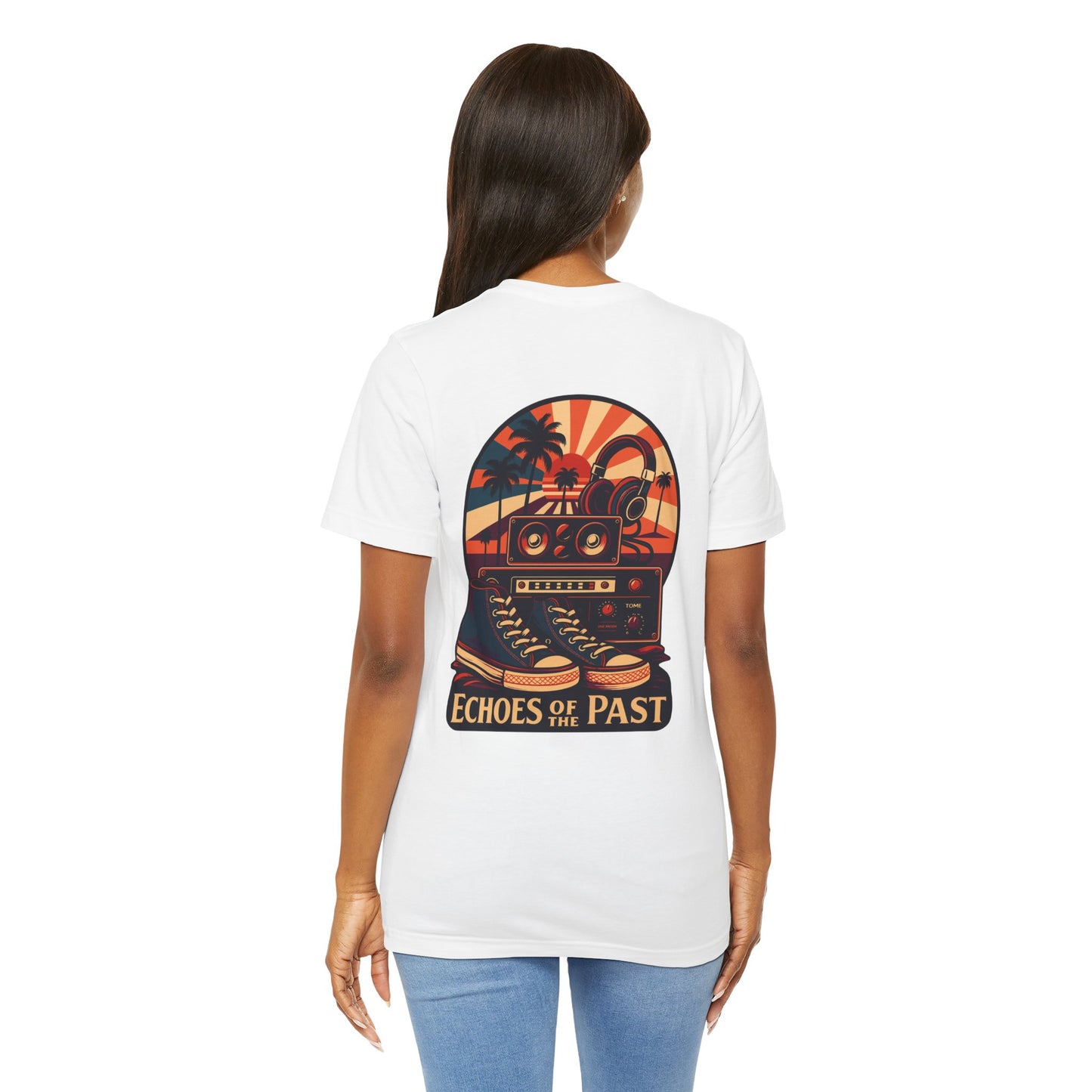 Echoes of the Past Retro Sunset T-Shirt – Bella Canvas 3001 Unisex Vintage 80s Palm Tree Music Graphic Tee