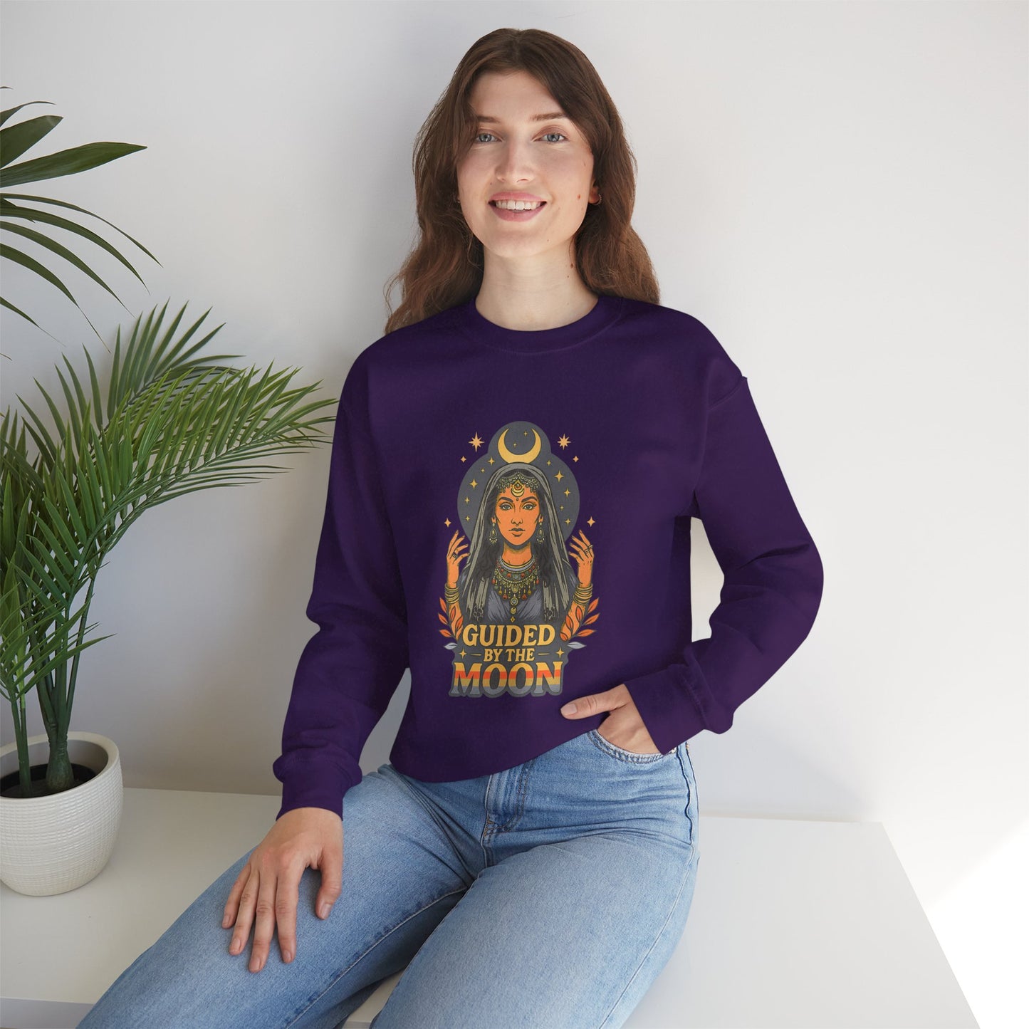 Guided by the Moon Sweatshirt, Celestial Graphic Pullover, Moon Phase Cozy Top, Astrology Gift, Gildan 18000 Sweatshirt