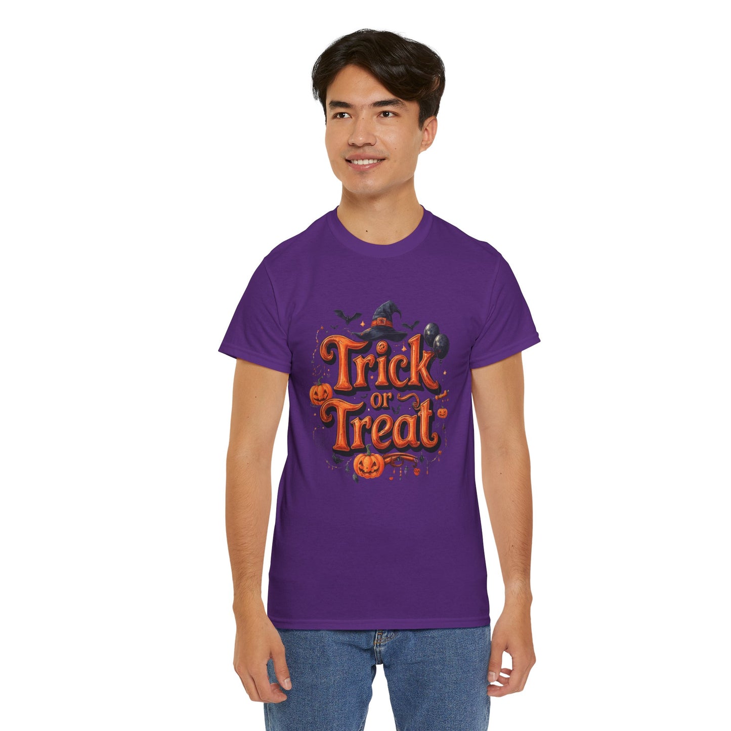 Trick or Treat Halloween Shirt | Spooky Pumpkin Witch Hat Graphic Tee | Funny Unisex Costume T-Shirt | Cute Halloween Party Top