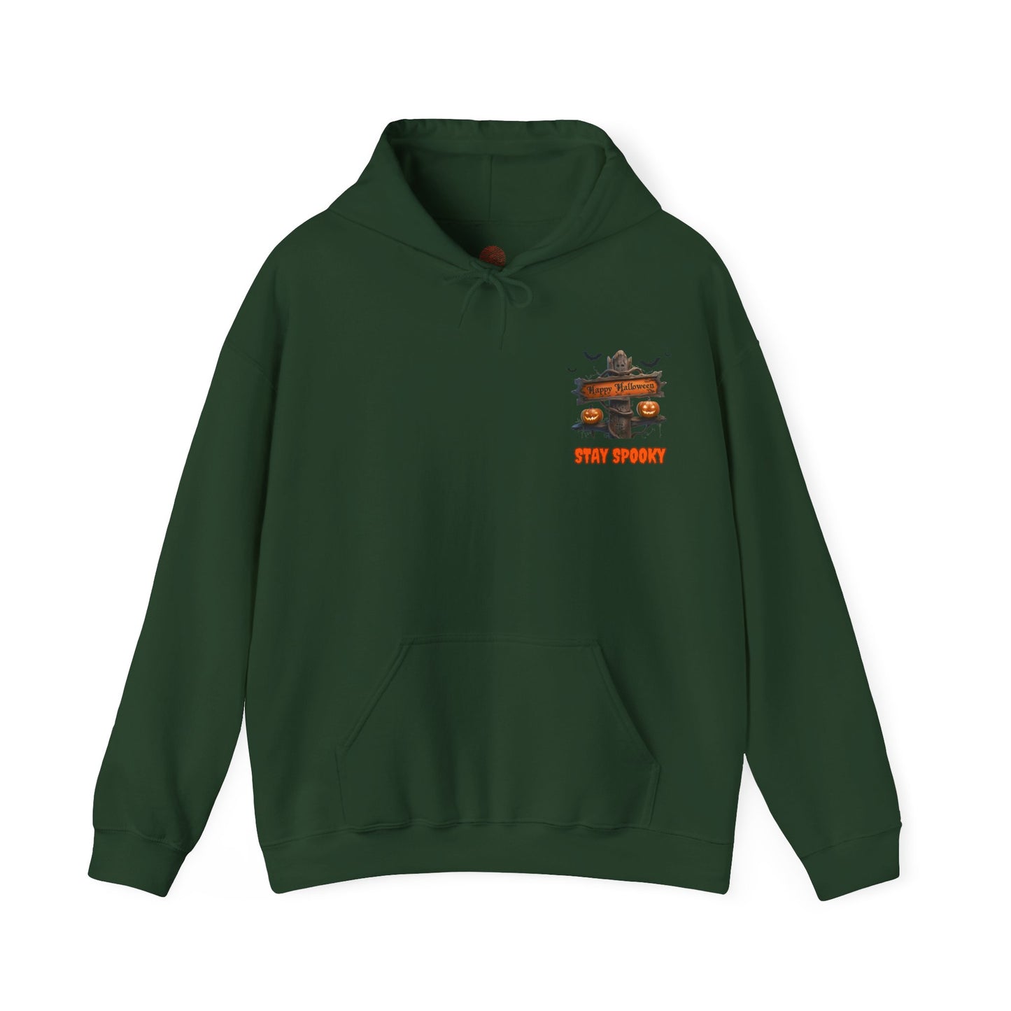 Stay Spooky Halloween Hoodie – Happy Halloween Gravestone & Pumpkin Graphic – Gildan Heavy Blend Unisex Pullover"