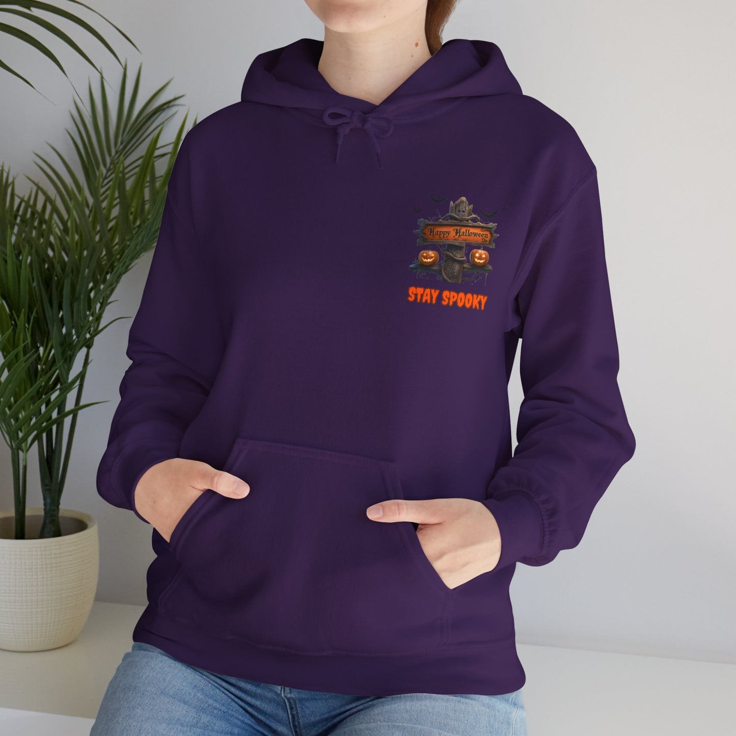 Stay Spooky Halloween Hoodie – Happy Halloween Gravestone & Pumpkin Graphic – Gildan Heavy Blend Unisex Pullover"