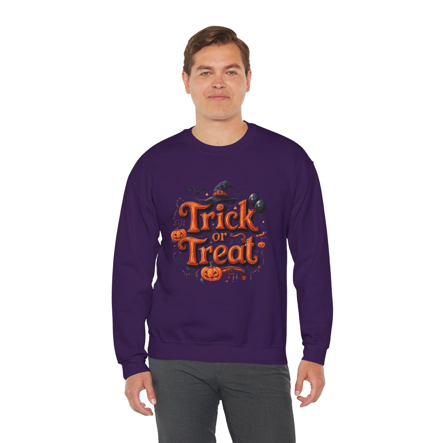 Halloween “Trick or Treat” Graphic Sweatshirt – Cozy Cotton Blend, Spooky Pumpkin & Witch Hat Design