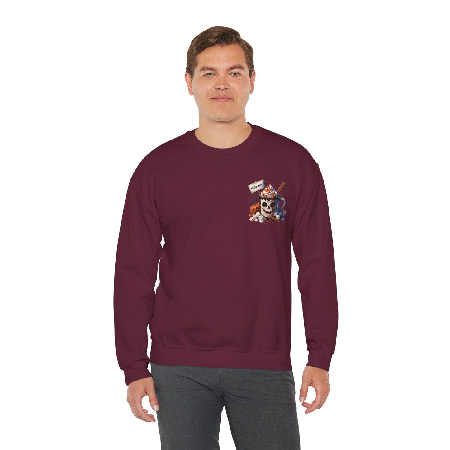Halloween Skull Coffee Sweatshirt – Spooky Pumpkin Latte Fall Sweater – Cozy Autumn Skull Cup Pullover-Gildan 18000