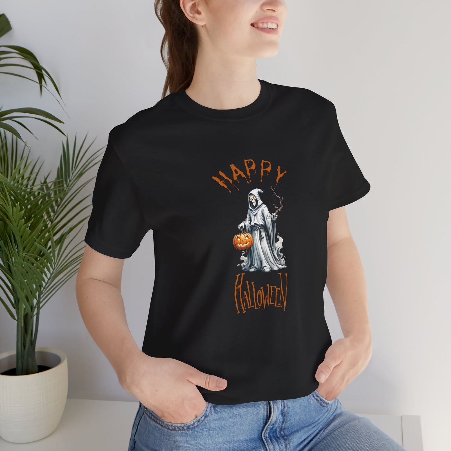 Happy Halloween Ghost Shirt – Spooky Pumpkin Graphic Tee – Bella Canvas 3001 – Unisex Cute Halloween T-Shirt for Women Men