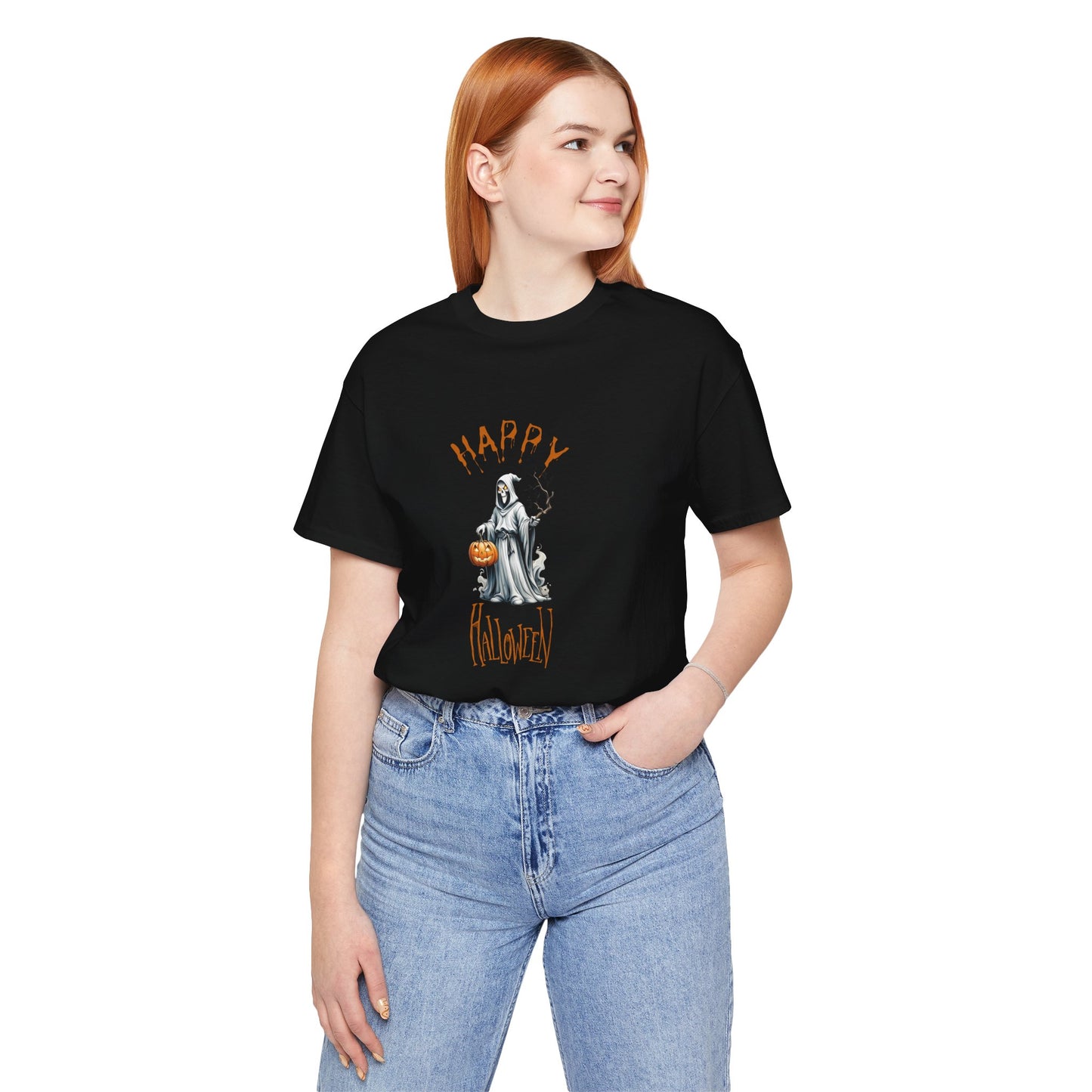 Happy Halloween Ghost Shirt – Spooky Pumpkin Graphic Tee – Bella Canvas 3001 – Unisex Cute Halloween T-Shirt for Women Men