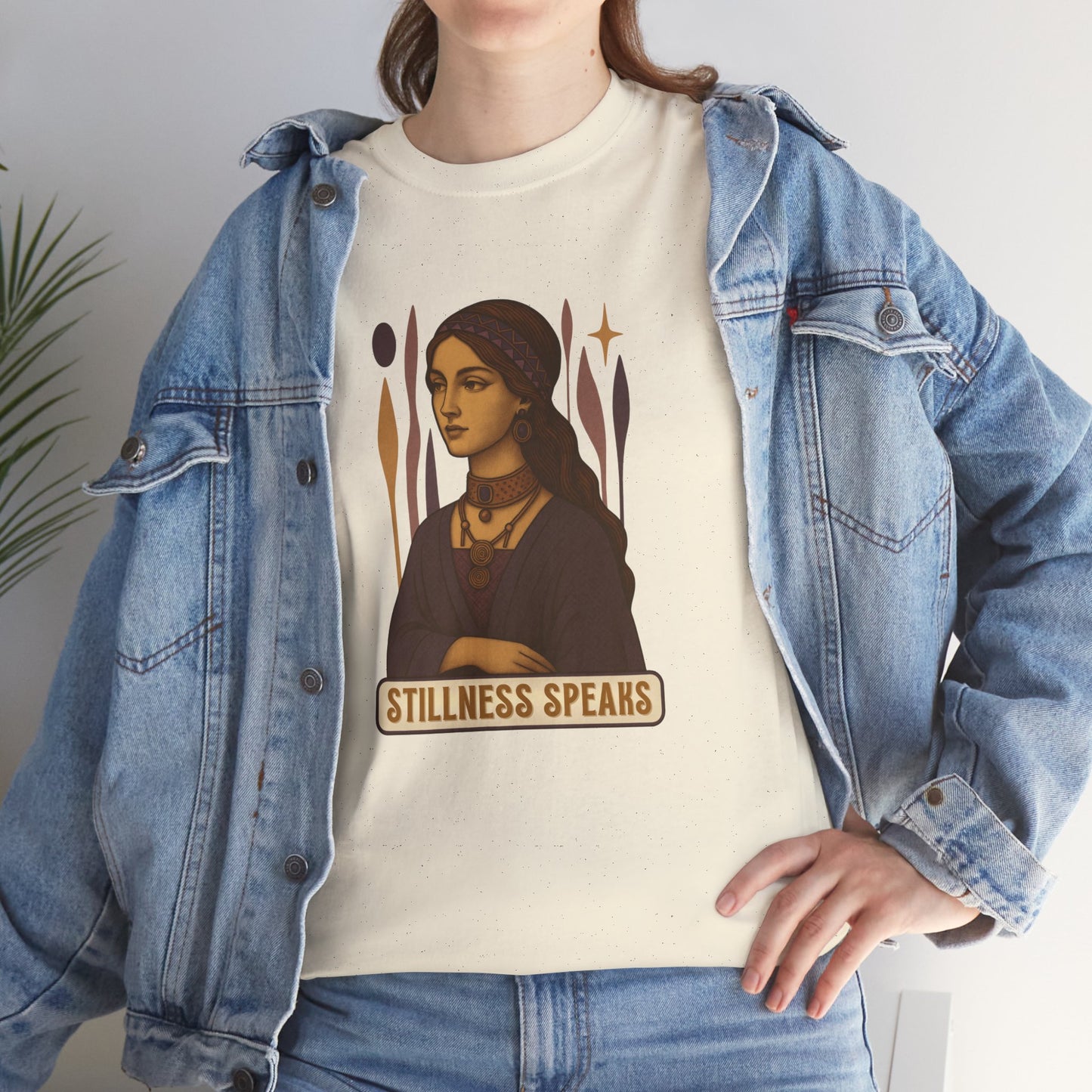 Vintage Mystic Woman Stillness Speaks T-Shirt, Retro Boho Aesthetic Top, Spiritual Graphic Tee, Mindfulness Yoga Gift, Unisex Heavy Cotton