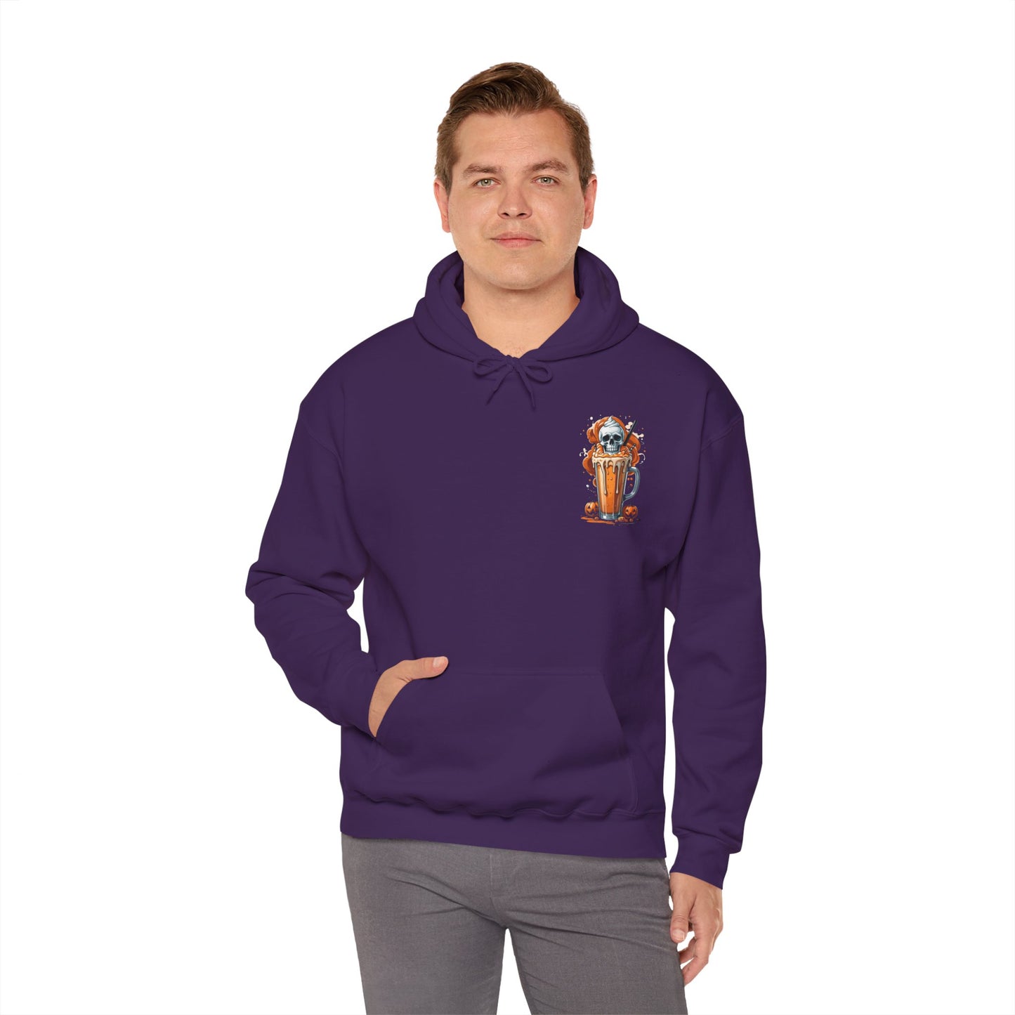 Halloween Skull Pumpkin Latte Hoodie – Spooky Fall Coffee Graphic Sweatshirt – Gildan 18500 Unisex Cozy Autumn Hoodie