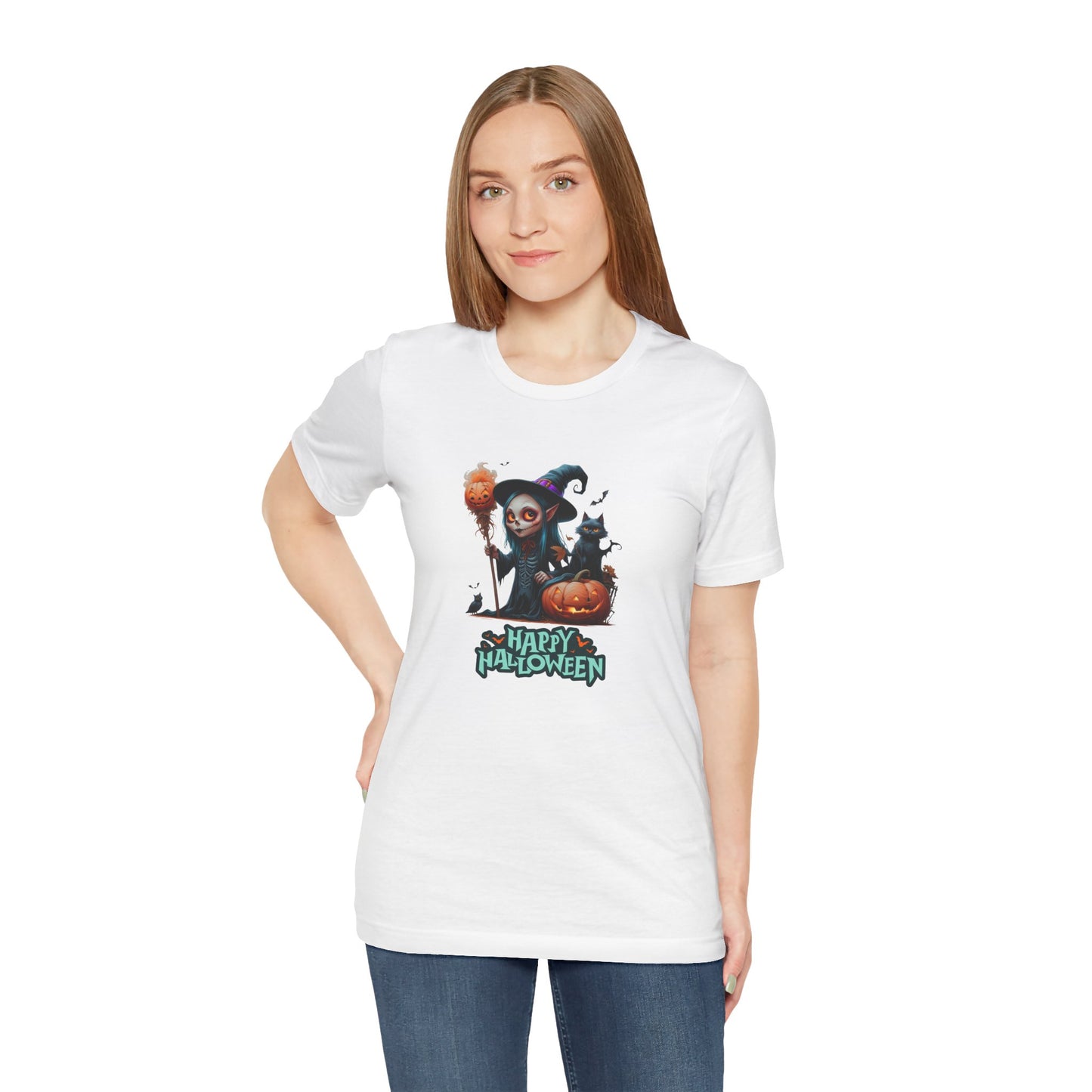 Happy Halloween Witch Shirt – Spooky Pumpkin Cat Graphic Tee – Bella Canvas 3001 – Unisex Halloween T-Shirt for Women Men