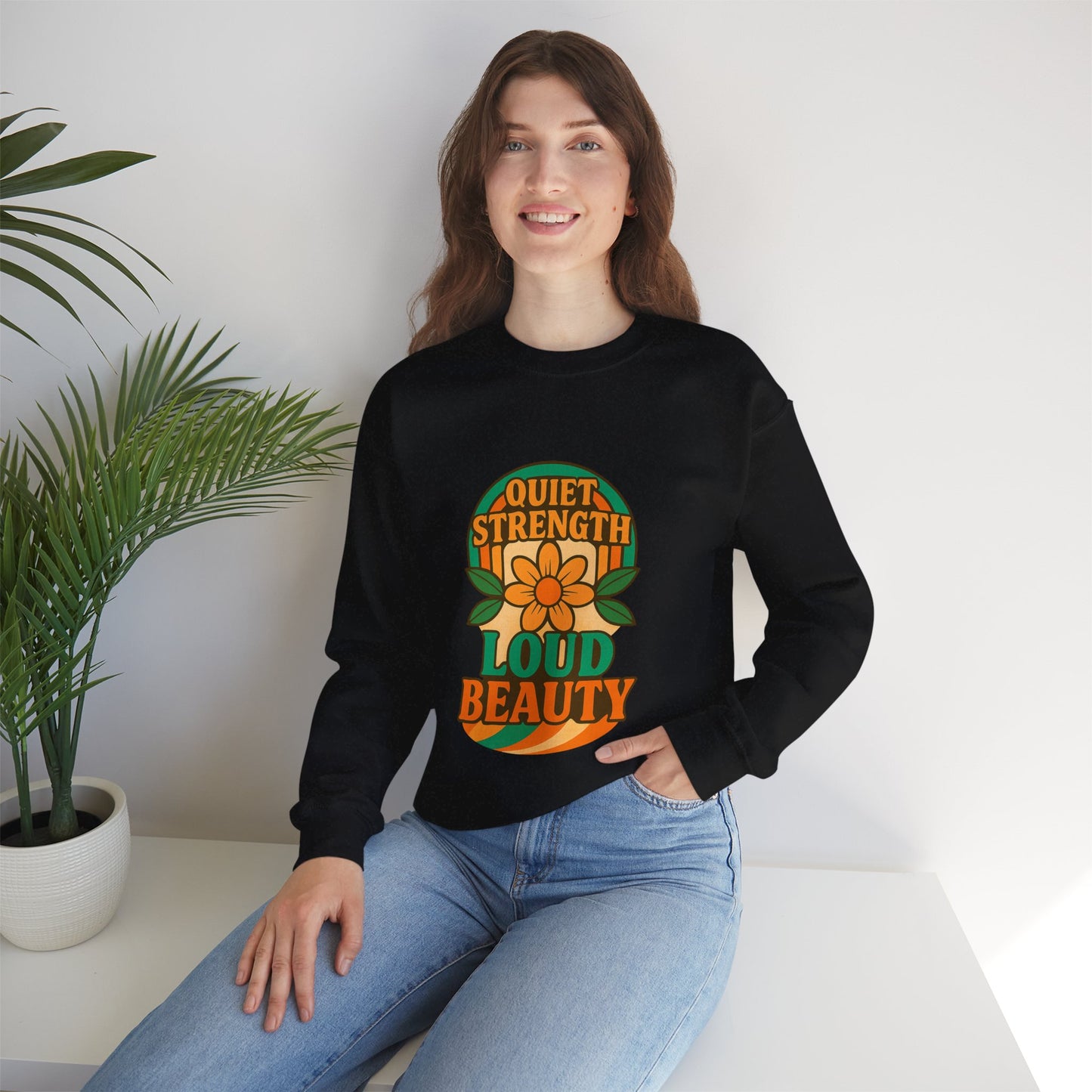 Retro Flower Sweatshirt, 70s Vintage Boho Crewneck, Positive Affirmation Graphic Pullover, Women Men Shirt, Gildan 18000, Quiet Strength