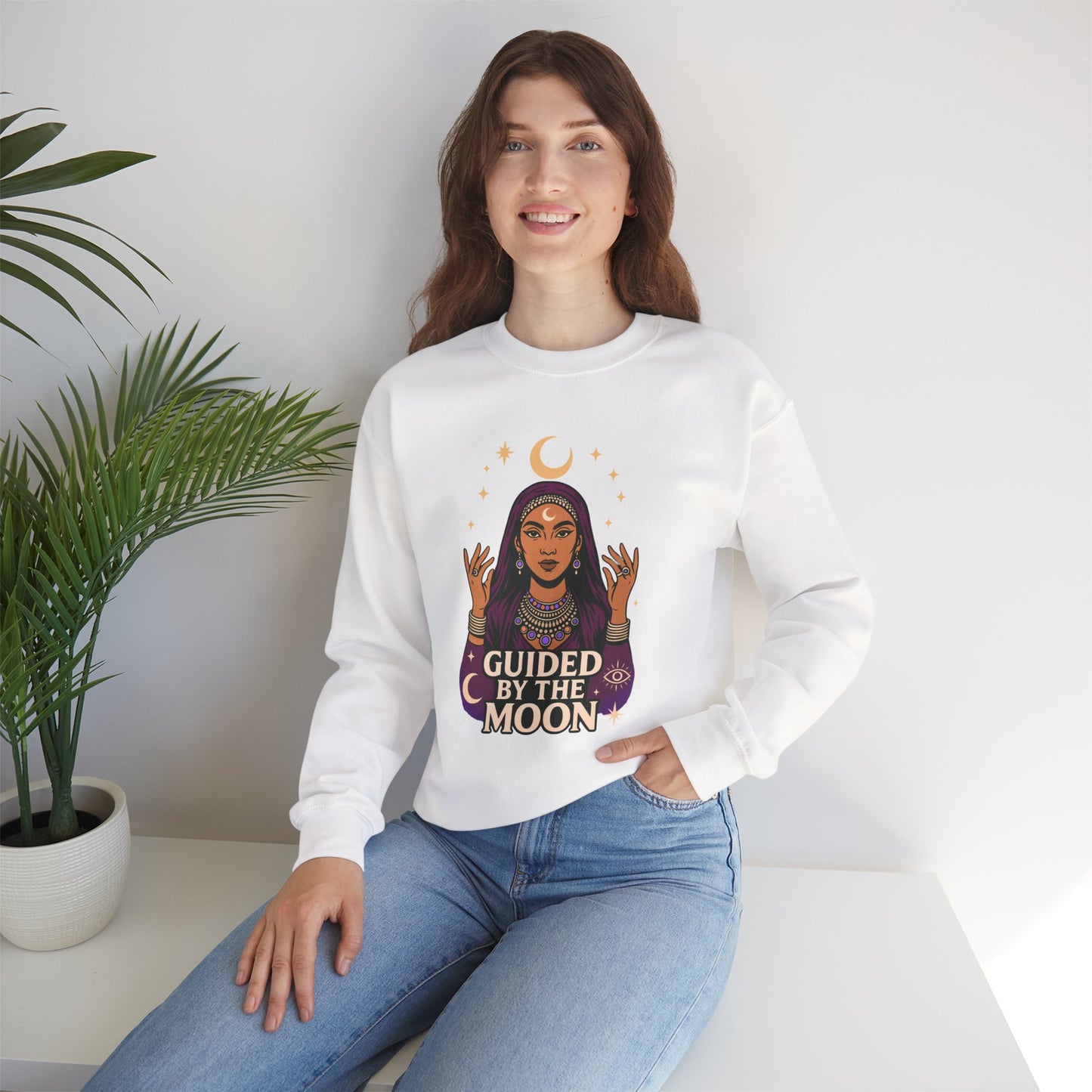 Guided by the Moon Sweatshirt, Mystical Celestial Graphic Pullover, Astrology Spiritual Unisex Crewneck, Moon Phase Cozy Gift, Celestial