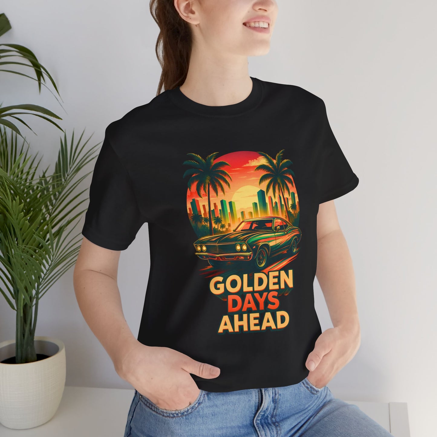 Retro Sunset Muscle Car T-Shirt, Vintage Skyline Graphic Tee, Unisex Jersey Tee, Golden Days Ahead Shirt, Bella Canvas 3001