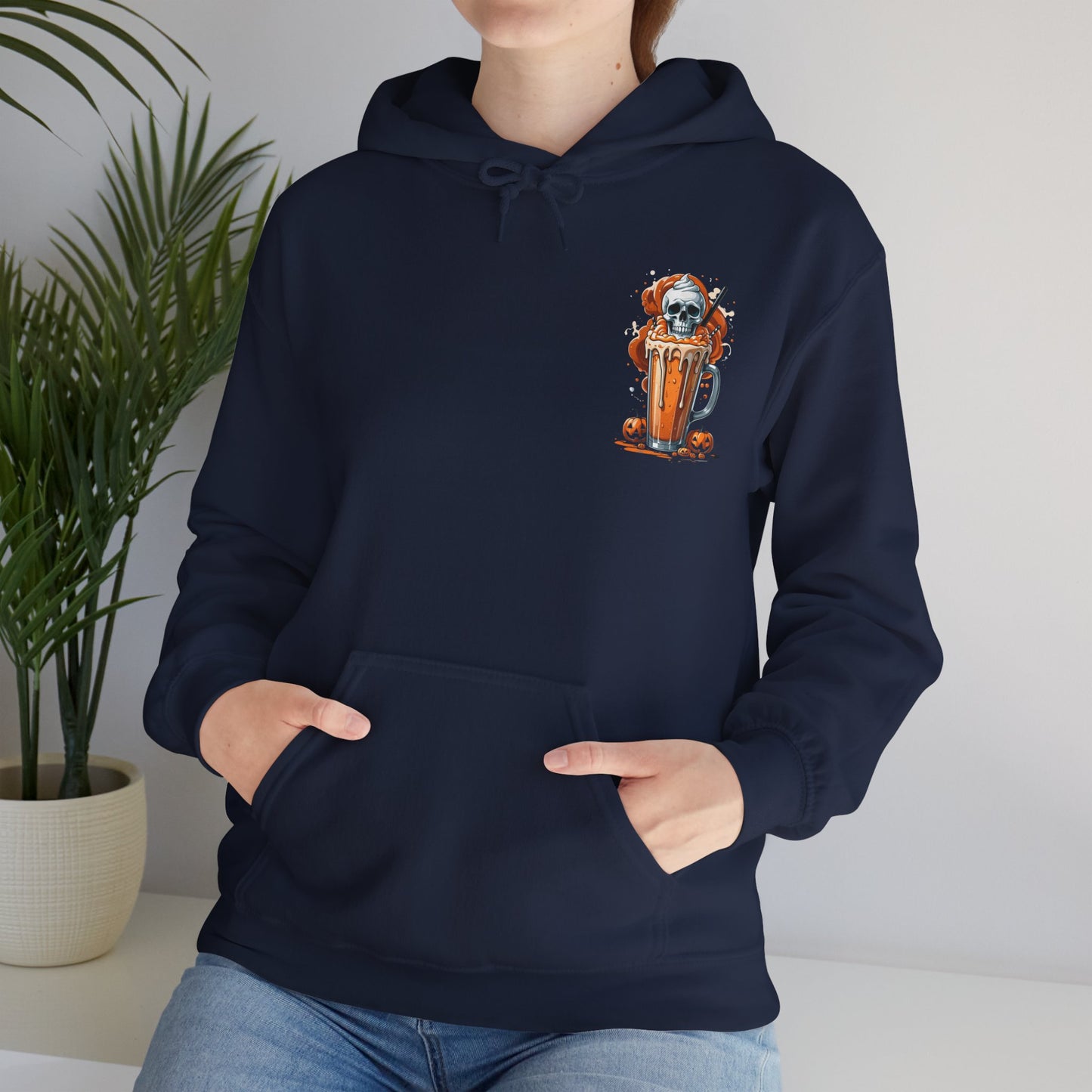 Halloween Skull Pumpkin Latte Hoodie – Spooky Fall Coffee Graphic Sweatshirt – Gildan 18500 Unisex Cozy Autumn Hoodie