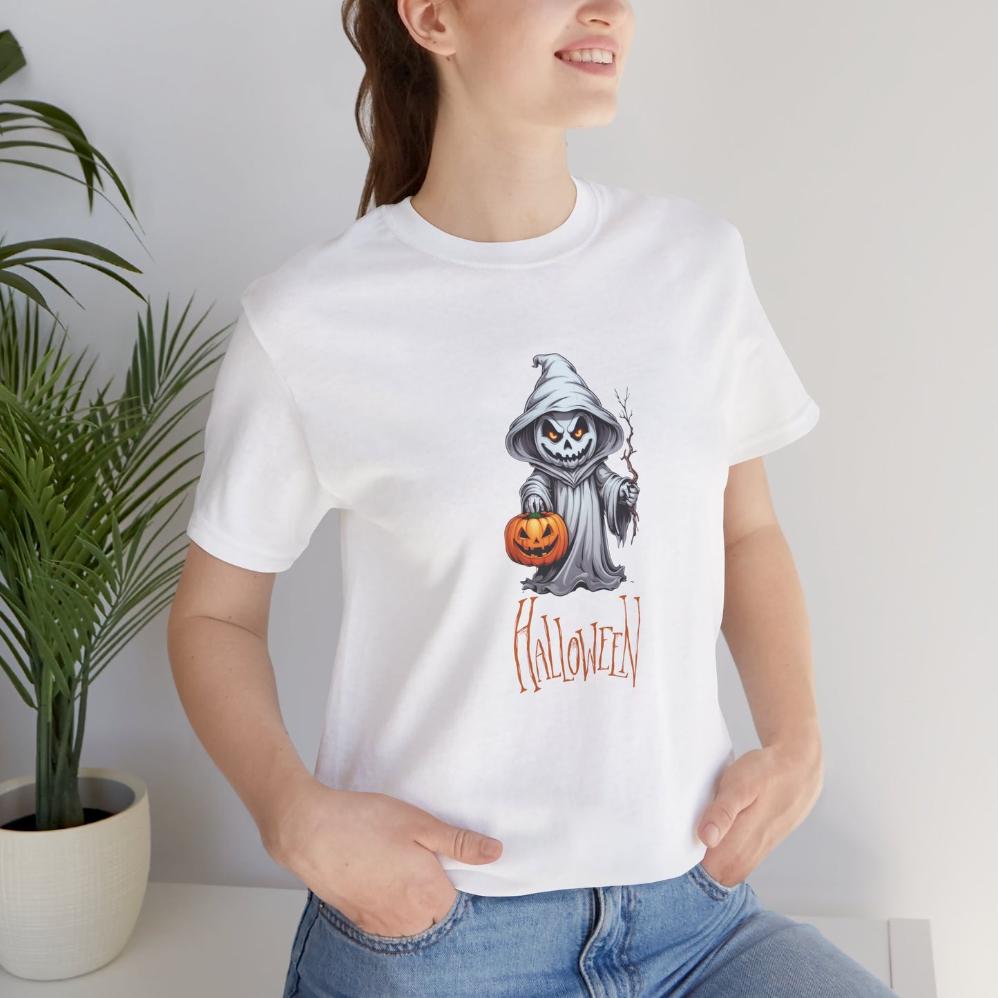 Halloween Ghost Shirt – Scary Pumpkin Graphic Tee – Bella Canvas 3001 – Spooky Unisex Halloween T-Shirt for Women Men