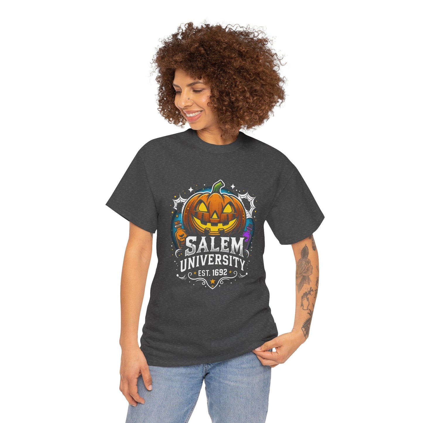 Salem University Halloween Shirt | Funny Witch Pumpkin Graphic Tee | Spooky Witchcraft Unisex T-Shirt | Vintage Halloween Party Top