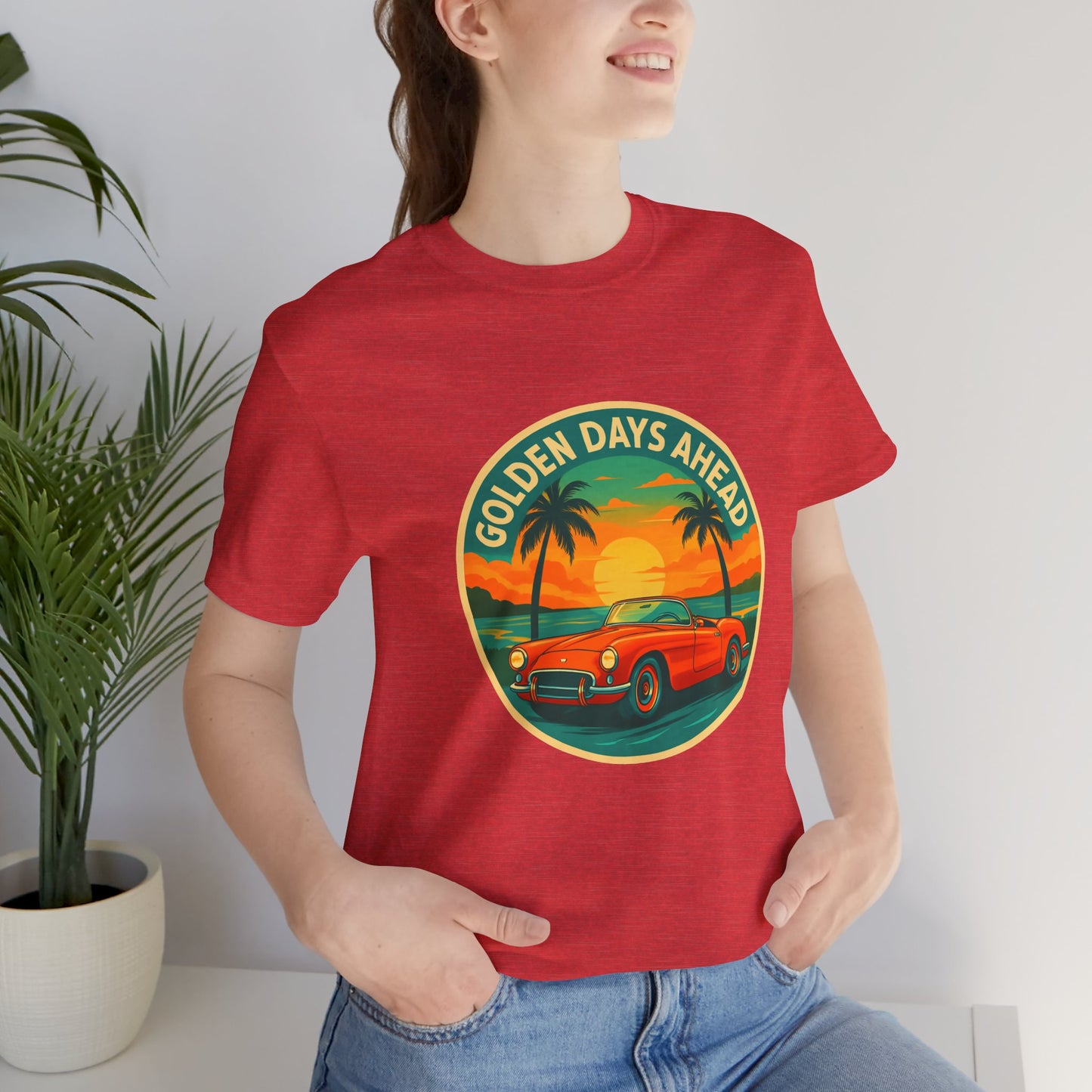 Golden Days Ahead Retro Convertible T-Shirt, Vintage Classic Car Graphic Tee, Sunset Beach Palm Trees - Unisex Jersey Short Sleeve Tee,