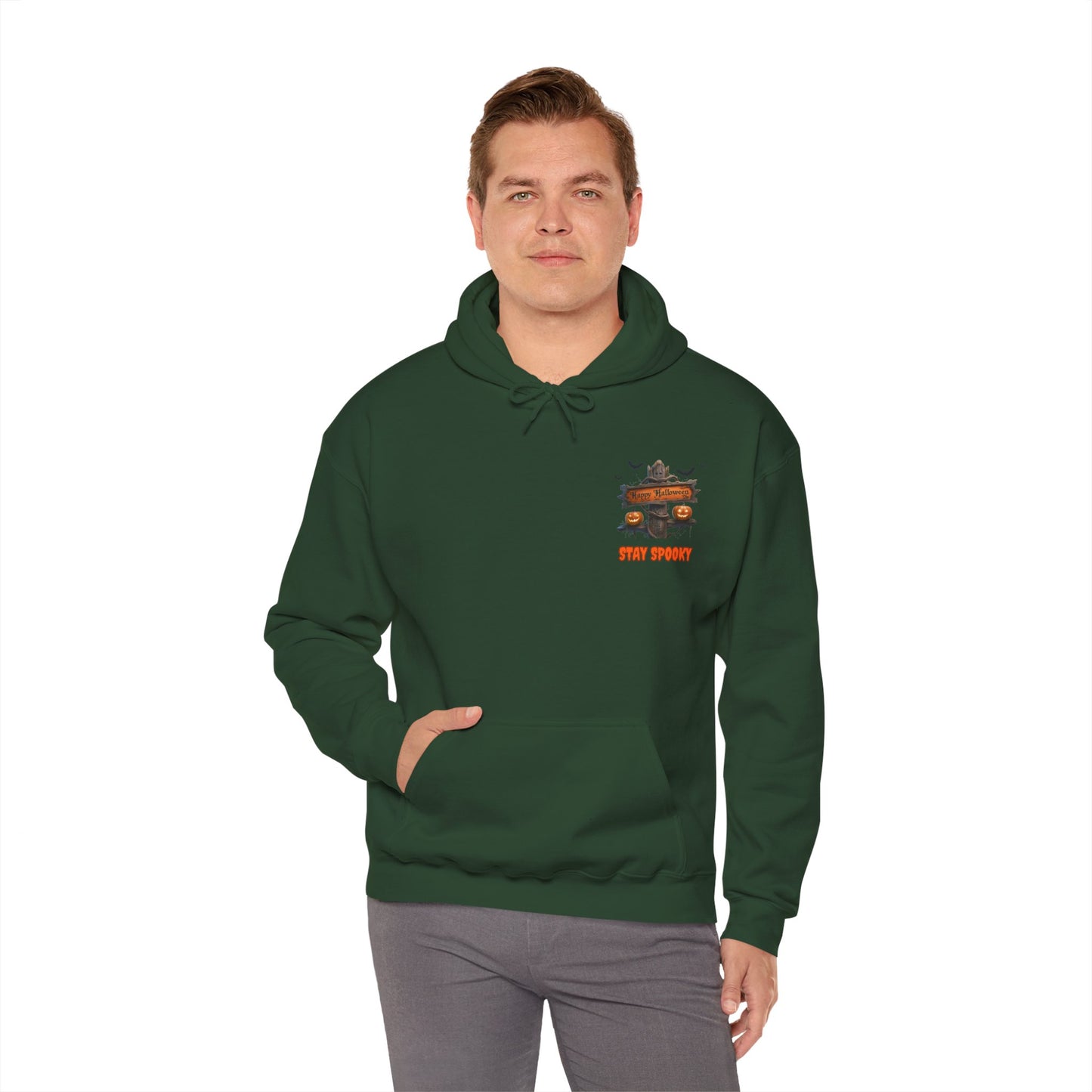 Stay Spooky Halloween Hoodie – Happy Halloween Gravestone & Pumpkin Graphic – Gildan Heavy Blend Unisex Pullover"