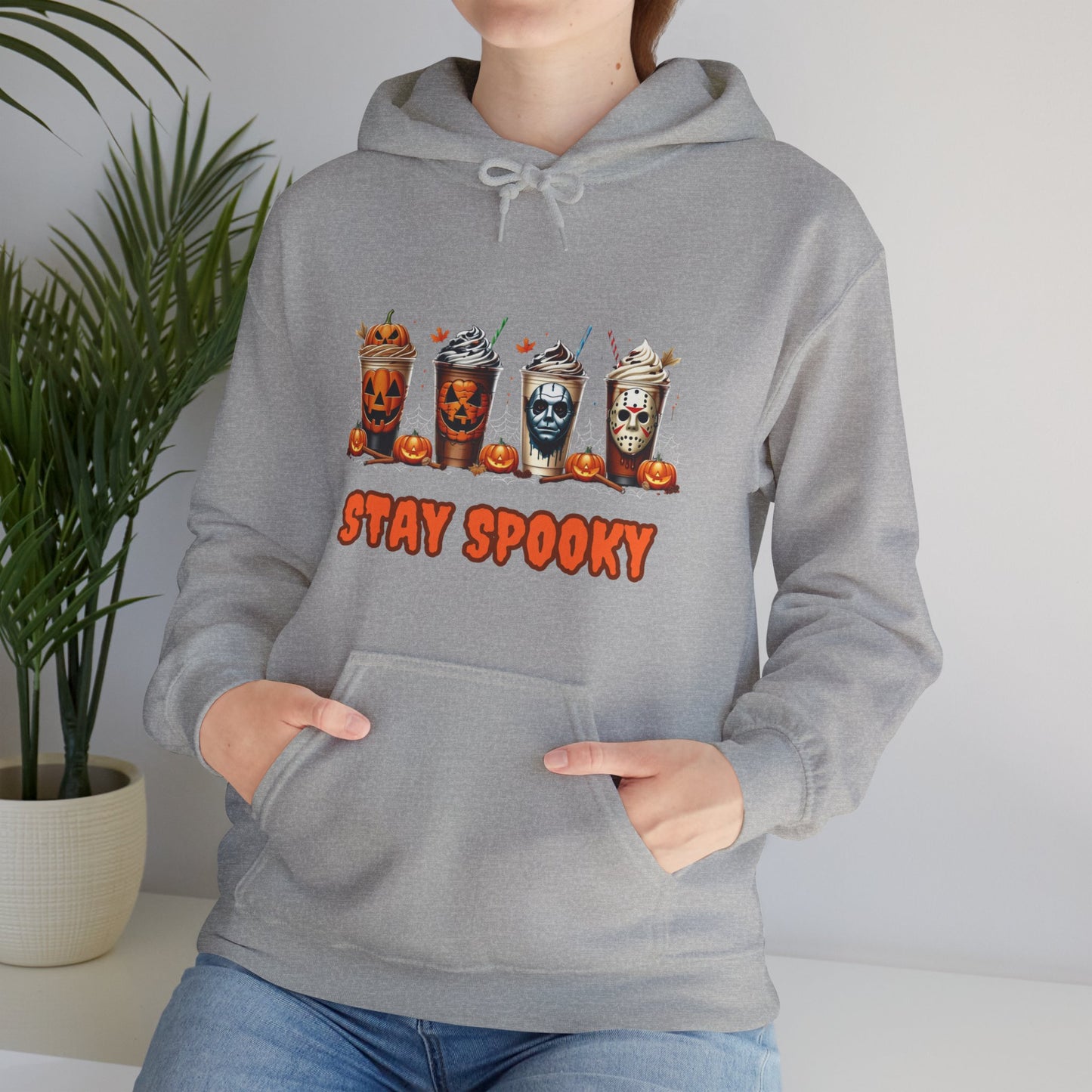 Stay Spooky Halloween Horror Hoodie – Pumpkin Skull Coffee Cup Graphic – Michael Myers Jason Inspired – Gildan 18500 Unisex Pullover