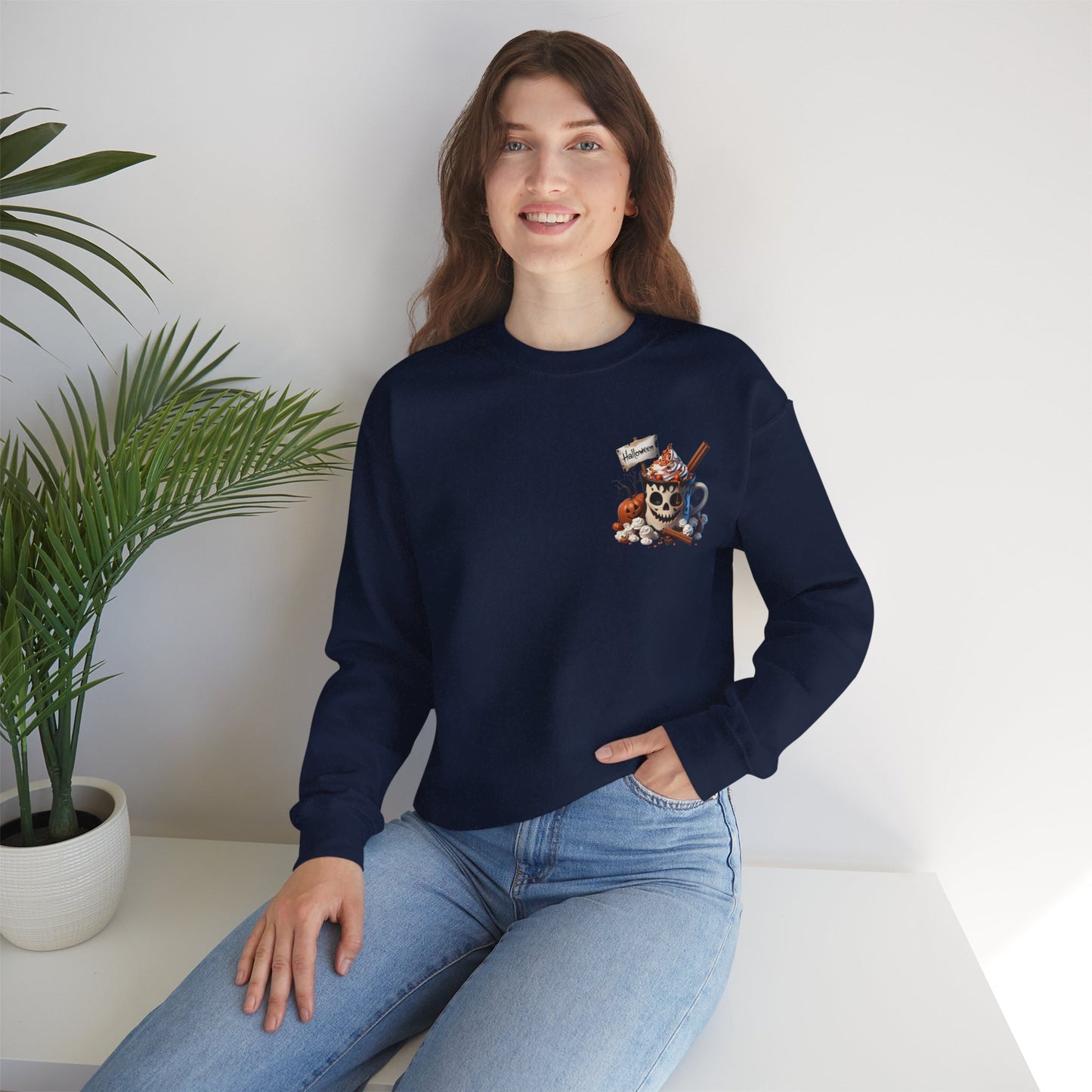 Halloween Skull Coffee Sweatshirt – Spooky Pumpkin Latte Fall Sweater – Cozy Autumn Skull Cup Pullover-Gildan 18000