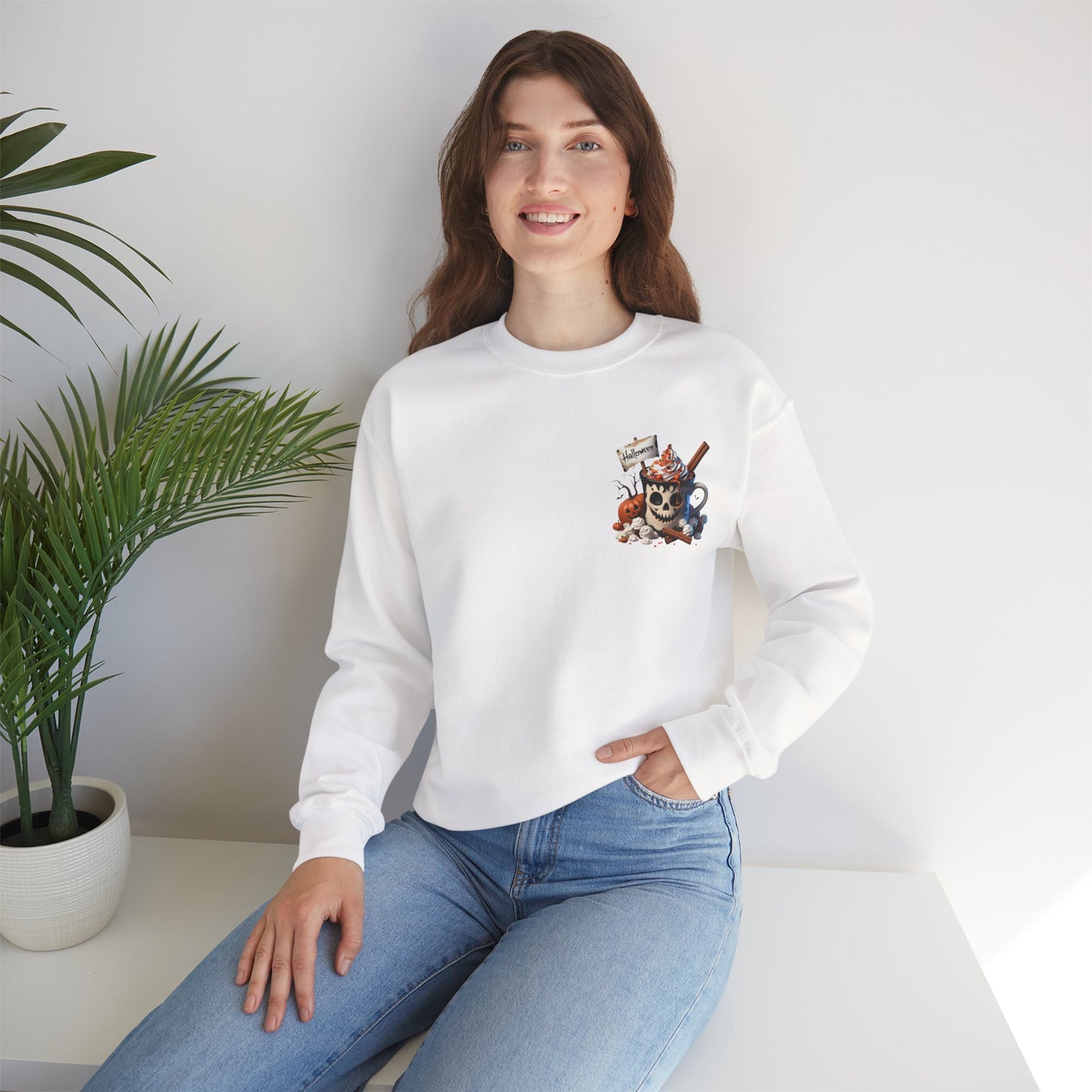 Halloween Skull Coffee Sweatshirt – Spooky Pumpkin Latte Fall Sweater – Cozy Autumn Skull Cup Pullover-Gildan 18000