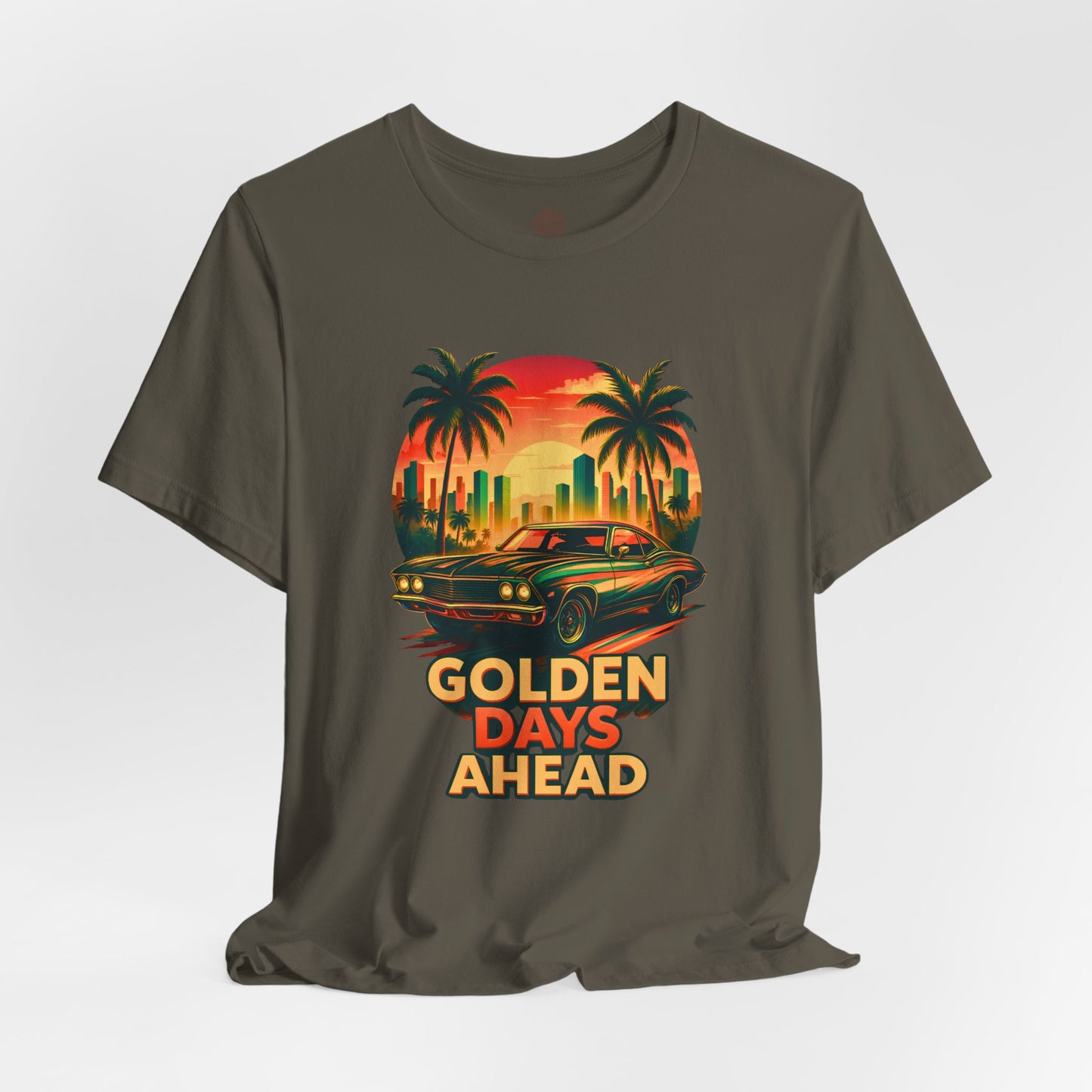 Retro Sunset Muscle Car T-Shirt, Vintage Skyline Graphic Tee, Unisex Jersey Tee, Golden Days Ahead Shirt, Bella Canvas 3001