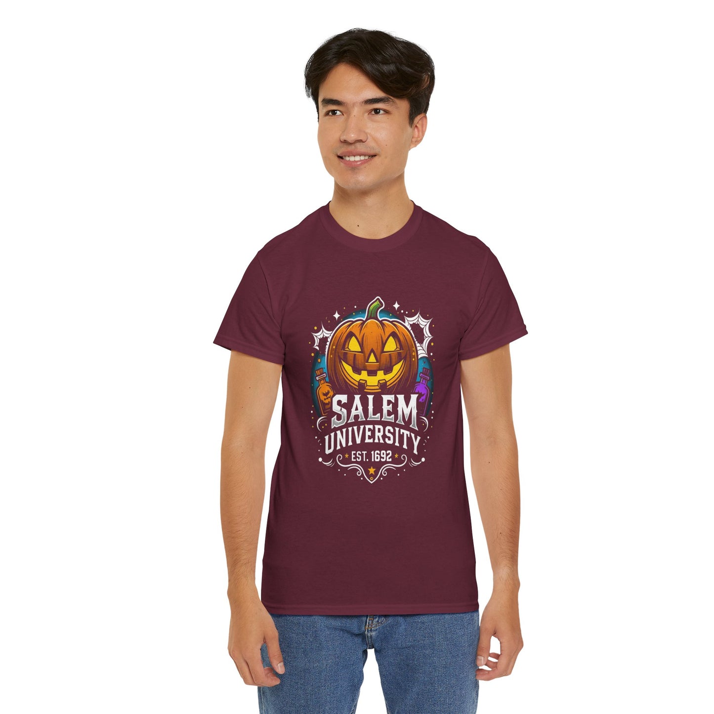 Salem University Halloween Shirt | Funny Witch Pumpkin Graphic Tee | Spooky Witchcraft Unisex T-Shirt | Vintage Halloween Party Top