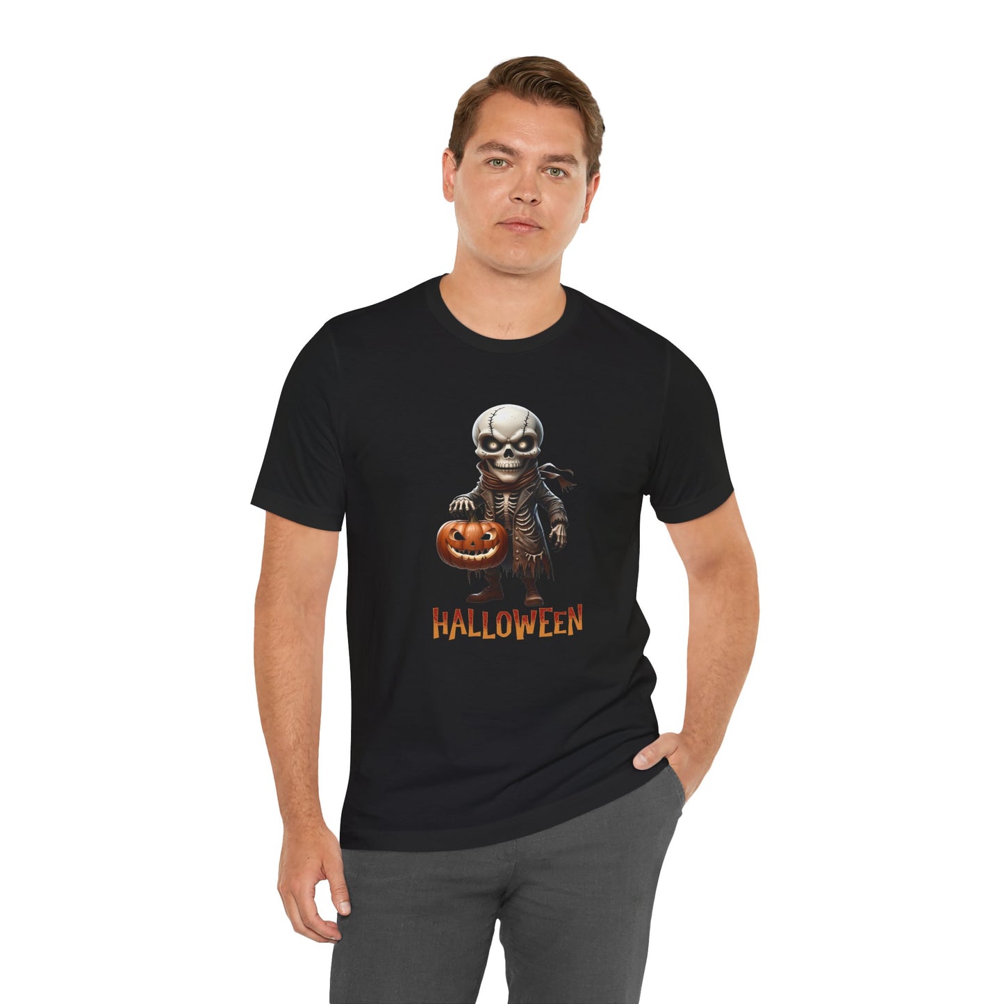Halloween Skeleton Shirt – Spooky Pumpkin Graphic Tee – Bella Canvas 3001 – Unisex Gothic Horror Costume T-Shirt