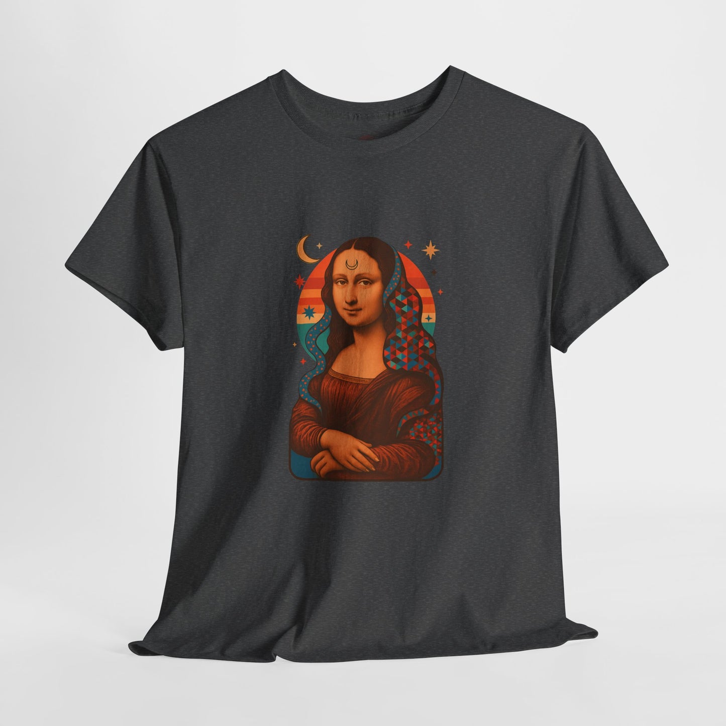 Psychedelic Mona Lisa Gildan 5000 Shirt - Trippy Retro Art Graphic Tee, Colorful Geometric Celestial Design, Vintage Aesthetic T-Shirt