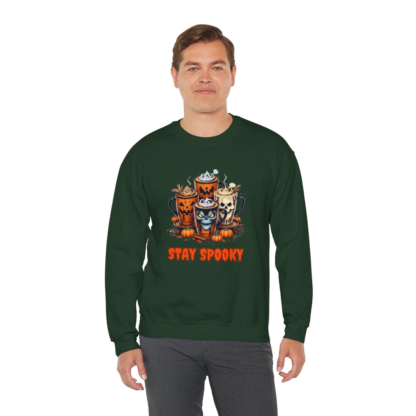 "Stay Spooky Halloween Coffee Cup Sweatshirt – Cozy Gildan Crewneck for Fall & Pumpkin Lovers"
