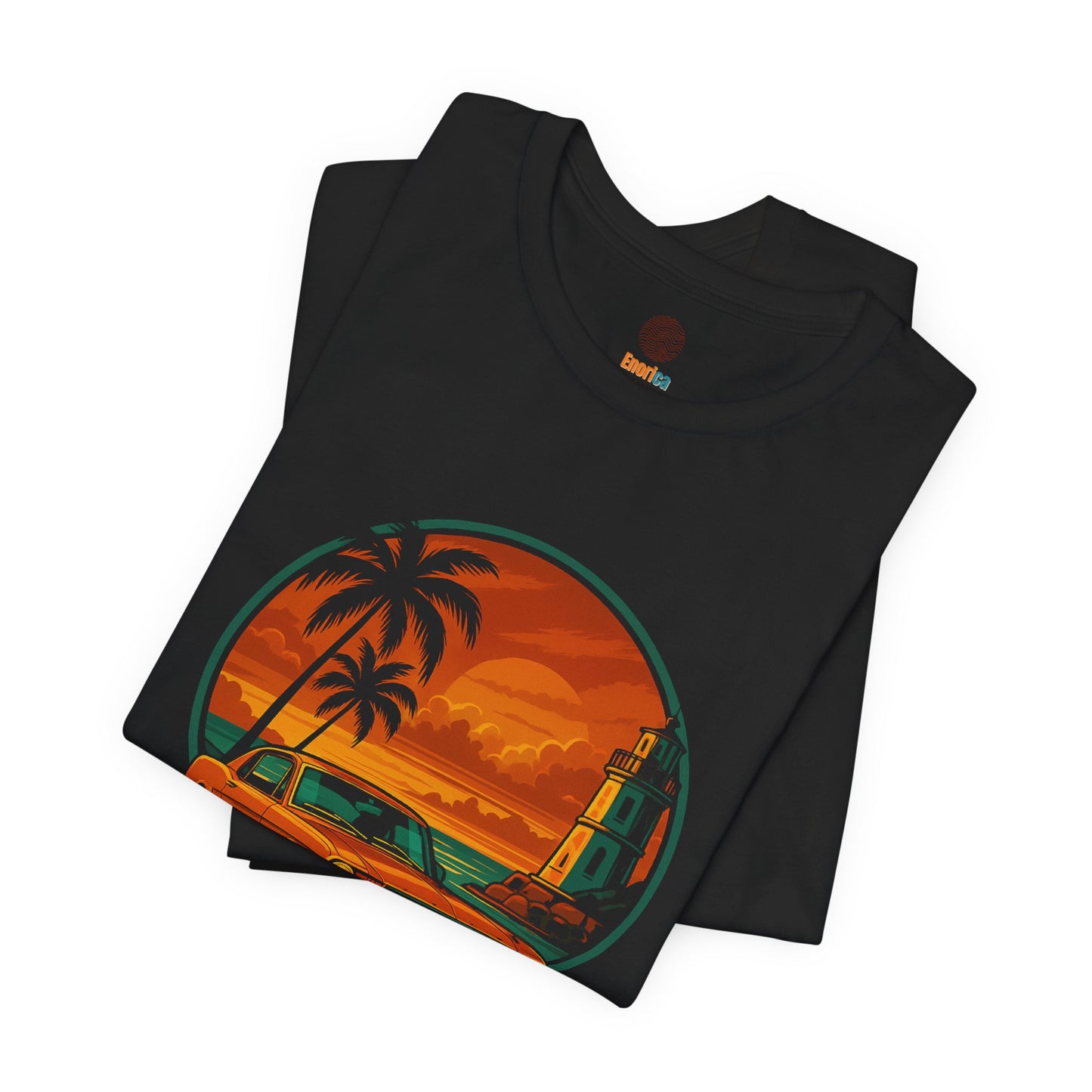 Vintage Classic Car Graphic Tee, Retro Mustang T-Shirt, Golden Days Ahead, Sunset Lighthouse Palm Trees, Unisex Jersey Short Sleeve Tee,