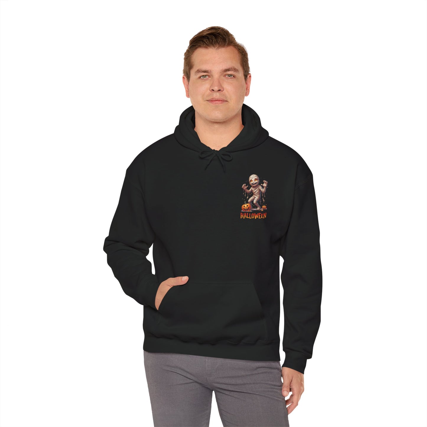 Halloween Mummy Hoodie – Spooky Pumpkin Graphic Sweatshirt – Gildan 18500 Unisex Halloween Hoodie for Fall & Horror Lovers