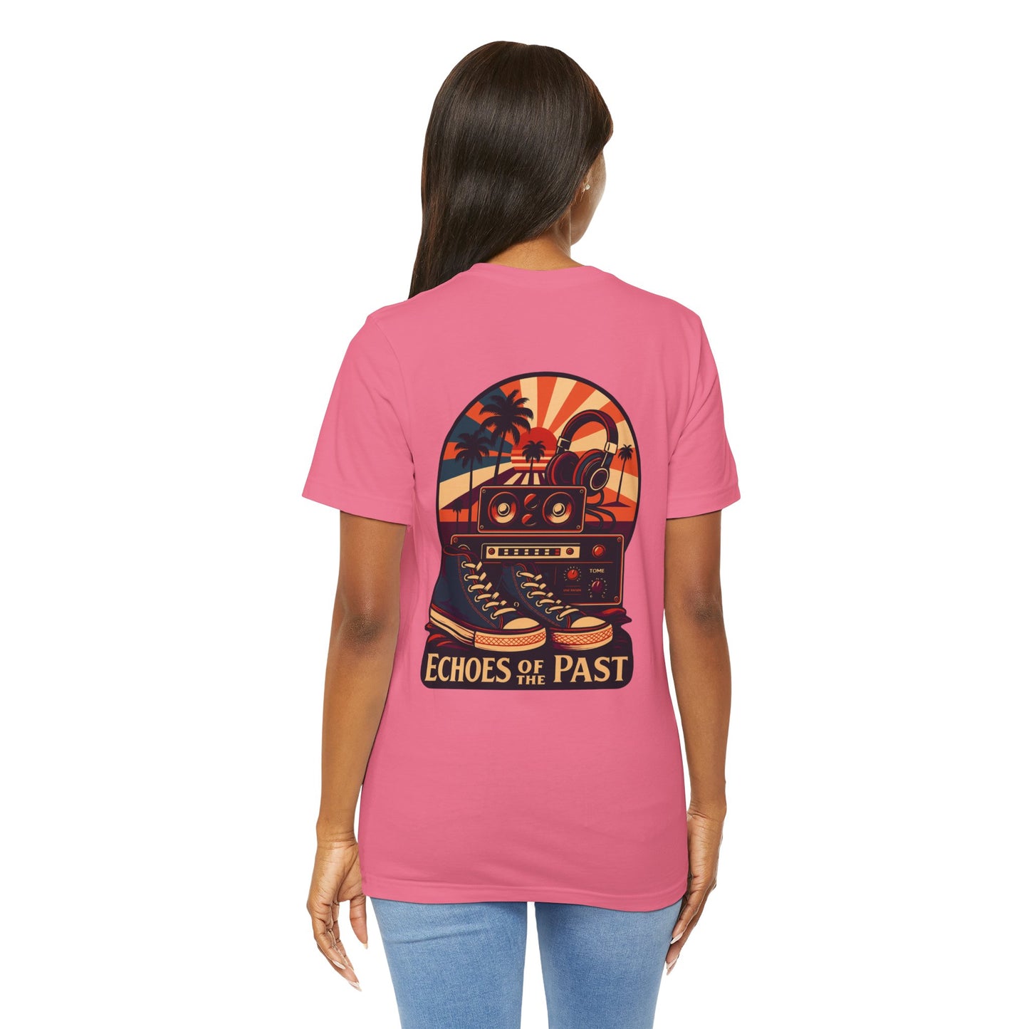 Echoes of the Past Retro Sunset T-Shirt – Bella Canvas 3001 Unisex Vintage 80s Palm Tree Music Graphic Tee