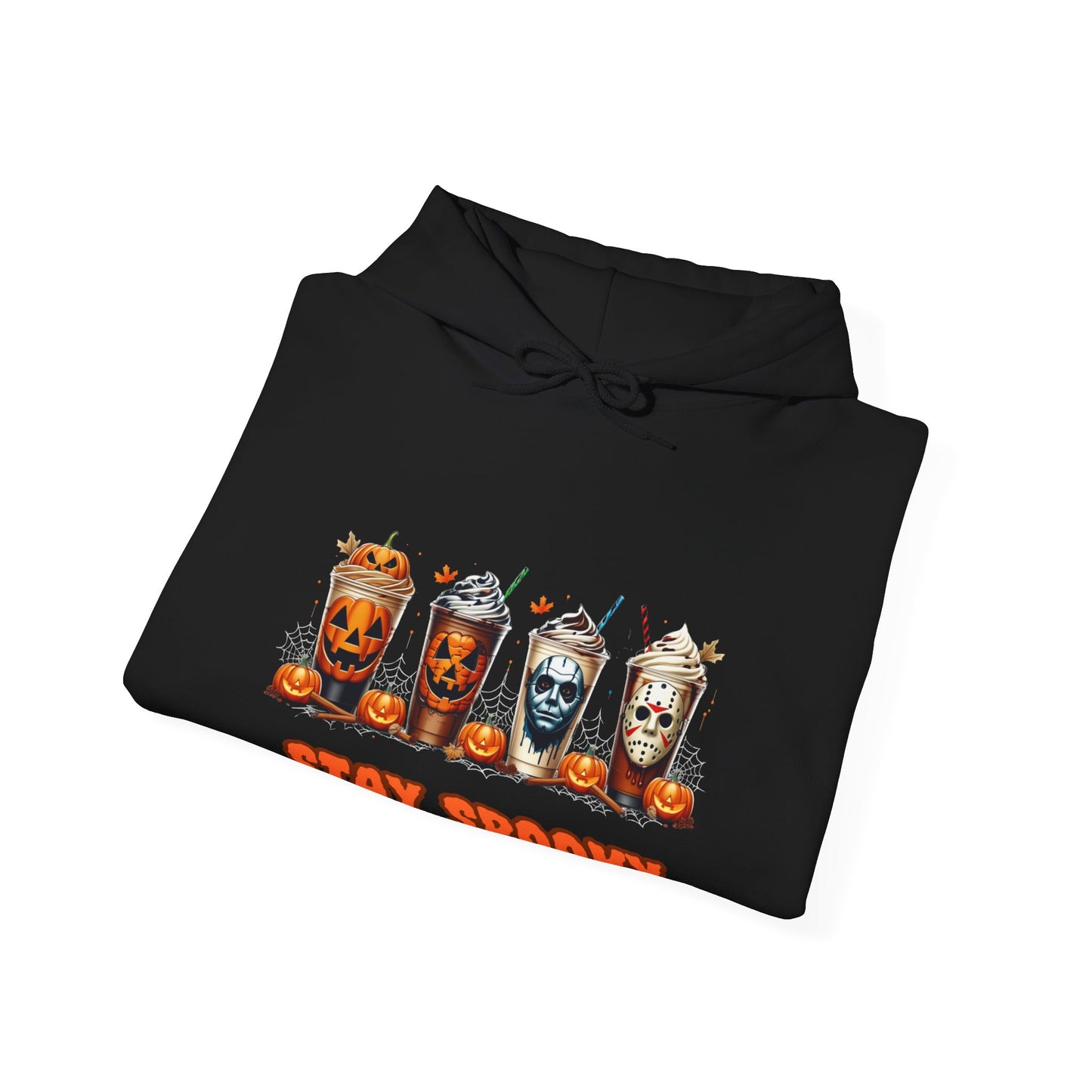 Stay Spooky Halloween Horror Hoodie – Pumpkin Skull Coffee Cup Graphic – Michael Myers Jason Inspired – Gildan 18500 Unisex Pullover
