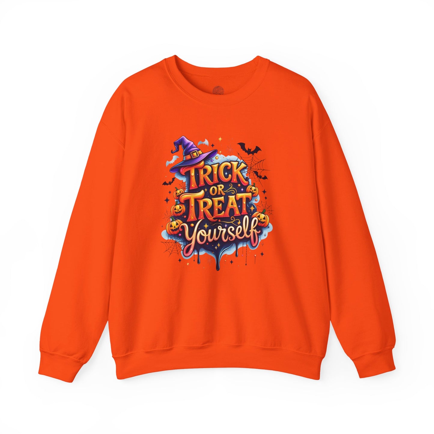 ''Trick or Treat Yourself'' Halloween Sweatshirt – Unisex Cozy Crewneck, Spooky Pumpkin & Witch Hat Graphic, Fall Aesthetic Pullover
