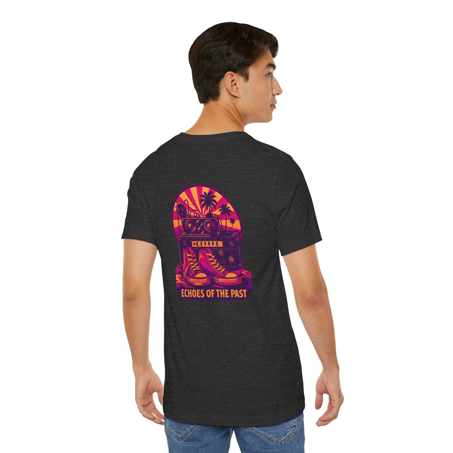 Echoes of the Past Retro Sunset T-Shirt – Bella Canvas 3001 Unisex 80s Vaporwave Graphic Tee, Vintage Music Lover Shirt