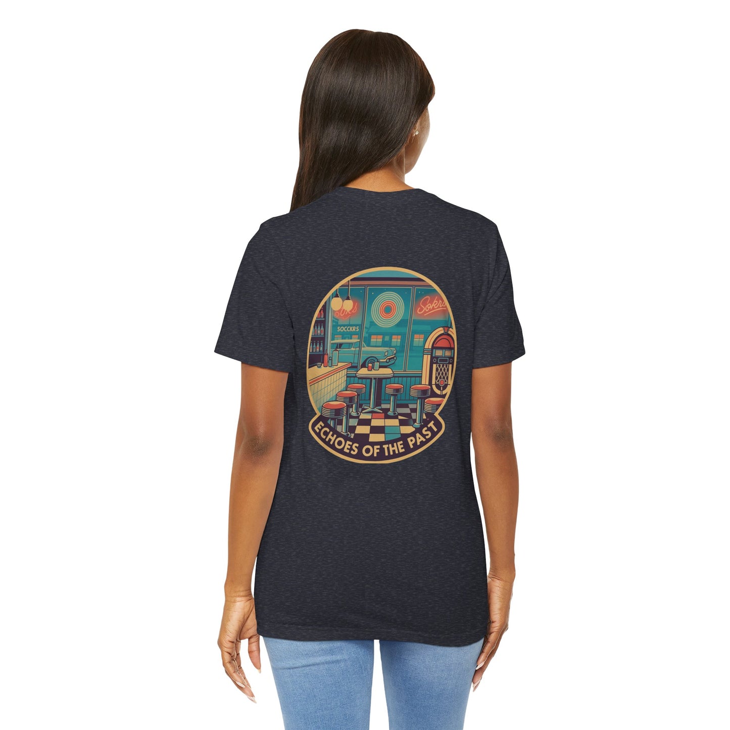 Echoes of the Past Retro Diner T-Shirt – Bella Canvas 3001 Unisex Vintage 80s Jukebox Neon Graphic Tee