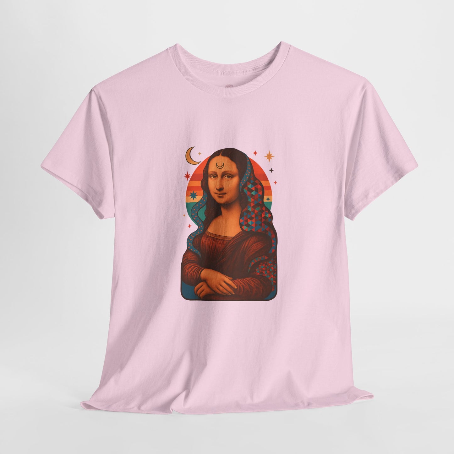 Psychedelic Mona Lisa Gildan 5000 Shirt - Trippy Retro Art Graphic Tee, Colorful Geometric Celestial Design, Vintage Aesthetic T-Shirt