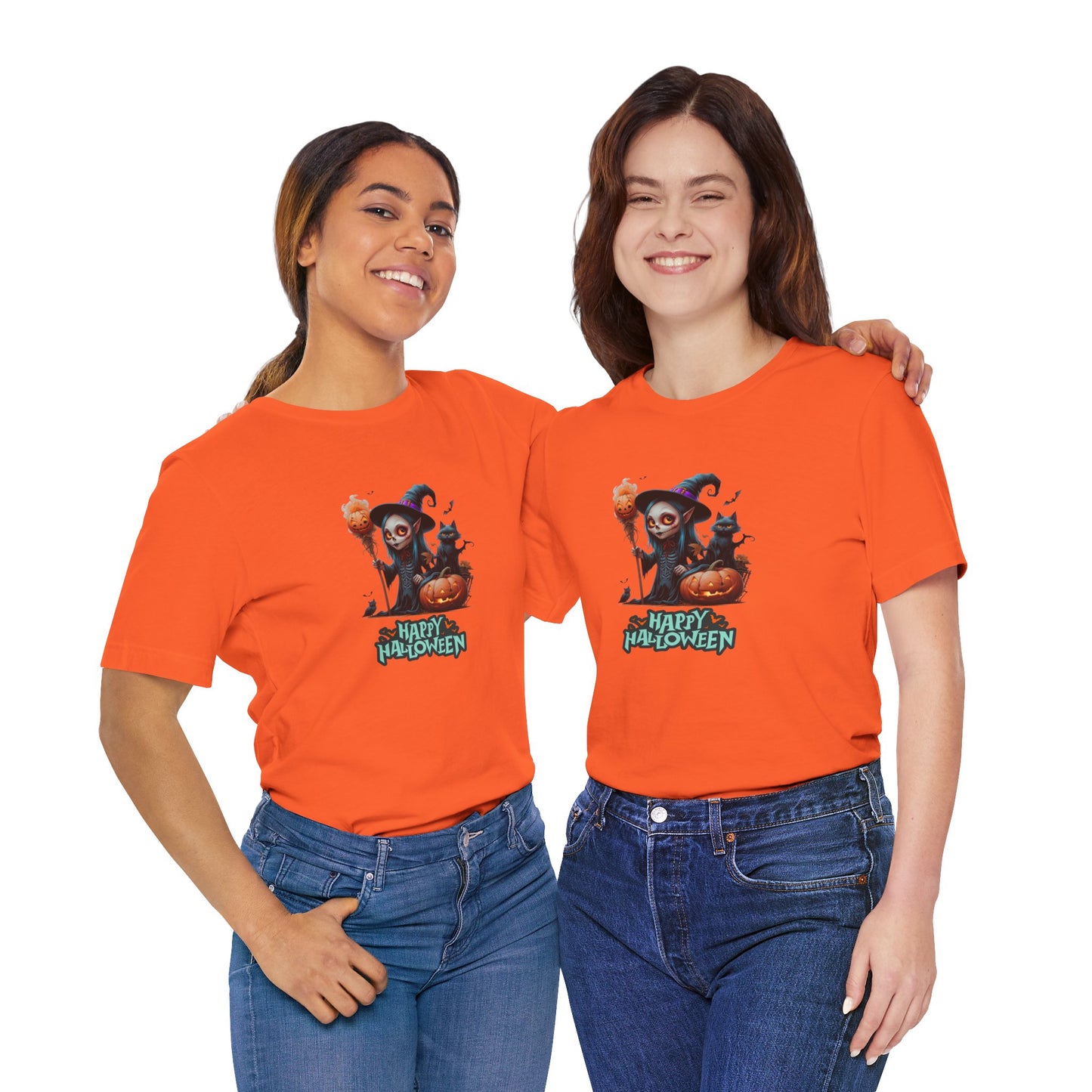 Happy Halloween Witch Shirt – Spooky Pumpkin Cat Graphic Tee – Bella Canvas 3001 – Unisex Halloween T-Shirt for Women Men
