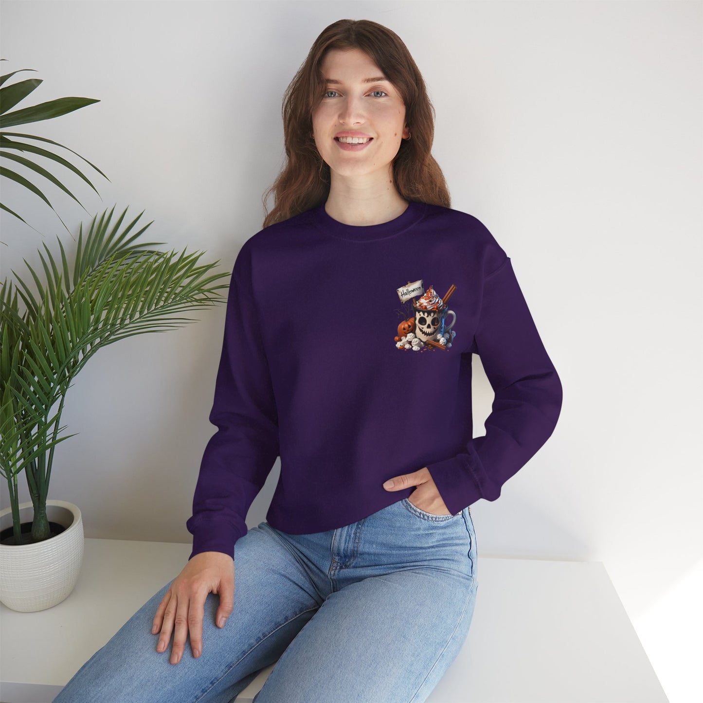 Halloween Skull Coffee Sweatshirt – Spooky Pumpkin Latte Fall Sweater – Cozy Autumn Skull Cup Pullover-Gildan 18000