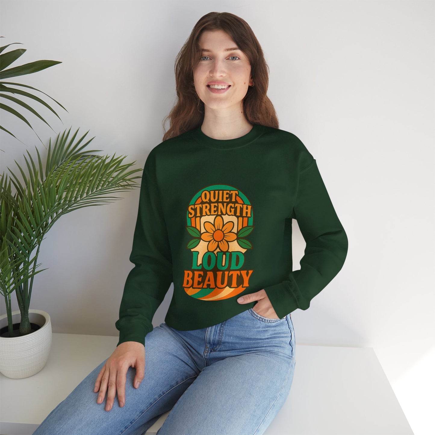 Retro Flower Sweatshirt, 70s Vintage Boho Crewneck, Positive Affirmation Graphic Pullover, Women Men Shirt, Gildan 18000, Quiet Strength