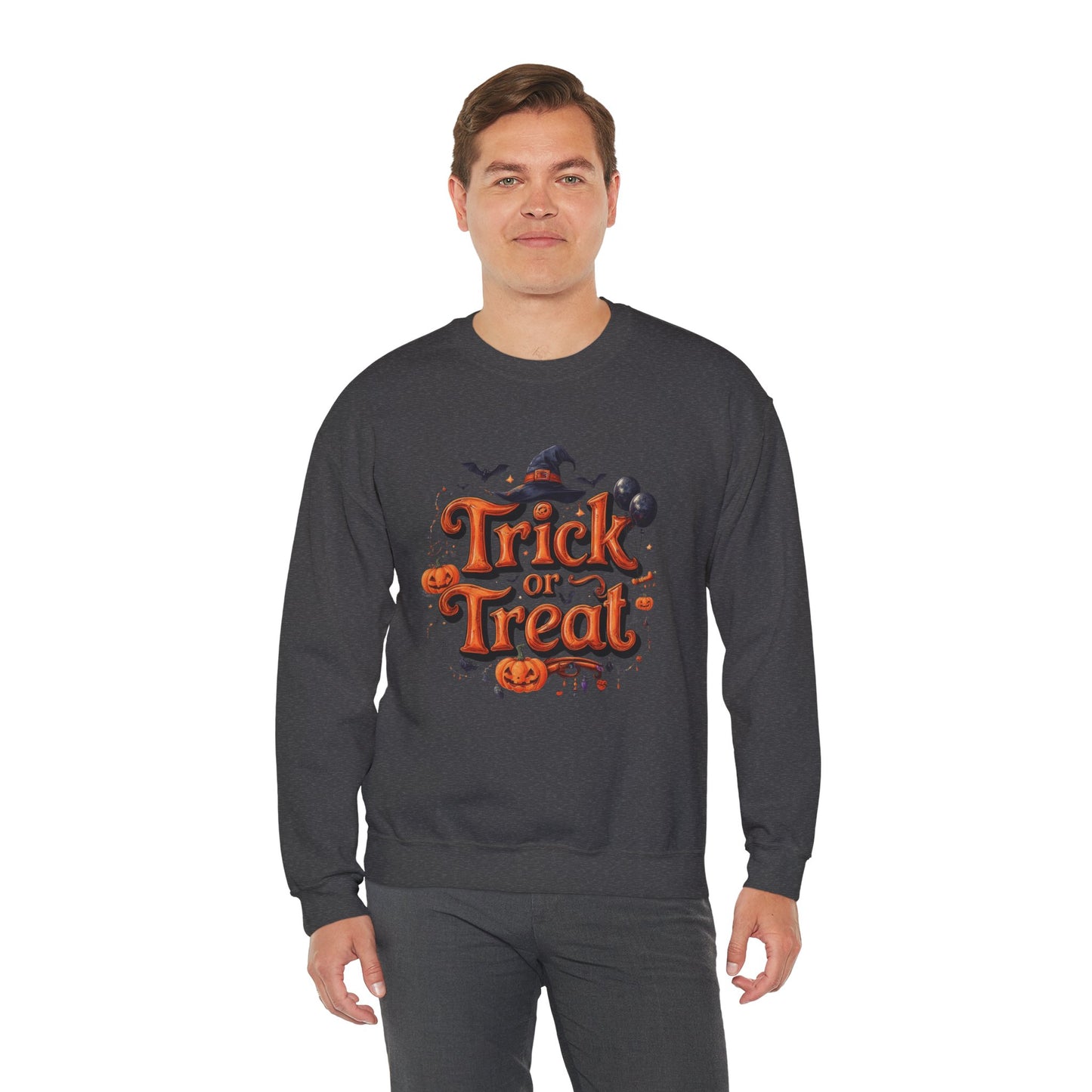 Halloween “Trick or Treat” Graphic Sweatshirt – Cozy Cotton Blend, Spooky Pumpkin & Witch Hat Design